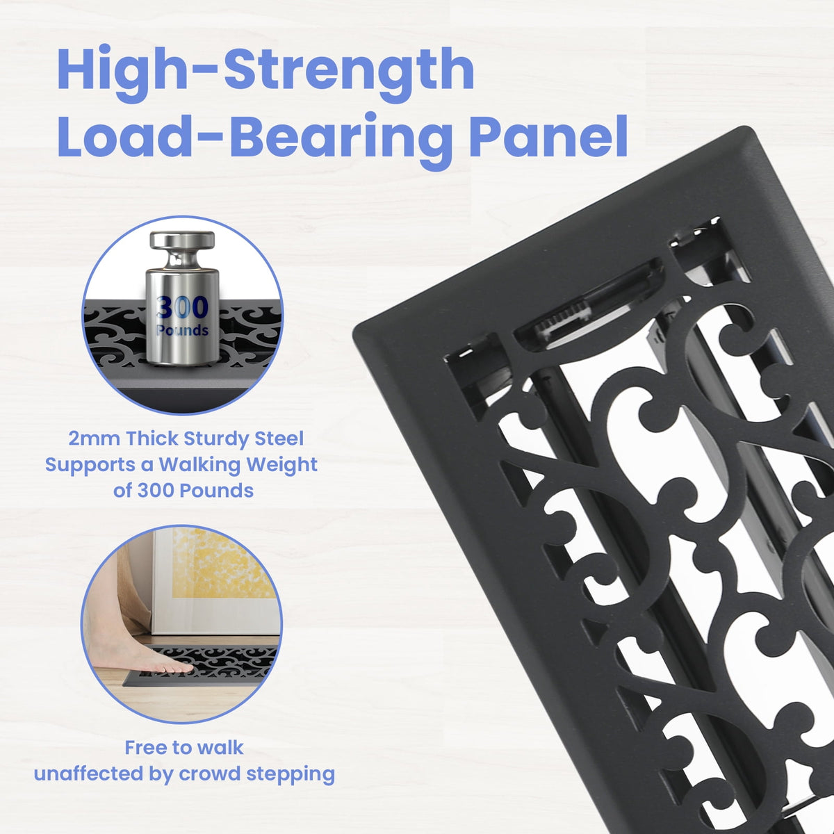 4x14 Inches B Pack Heavy Duty Walkable Floor Register Easy Adjust Air Supply Lever Floor Vents - Savannah Design - Vent Cover for Home Floor - Matte Black