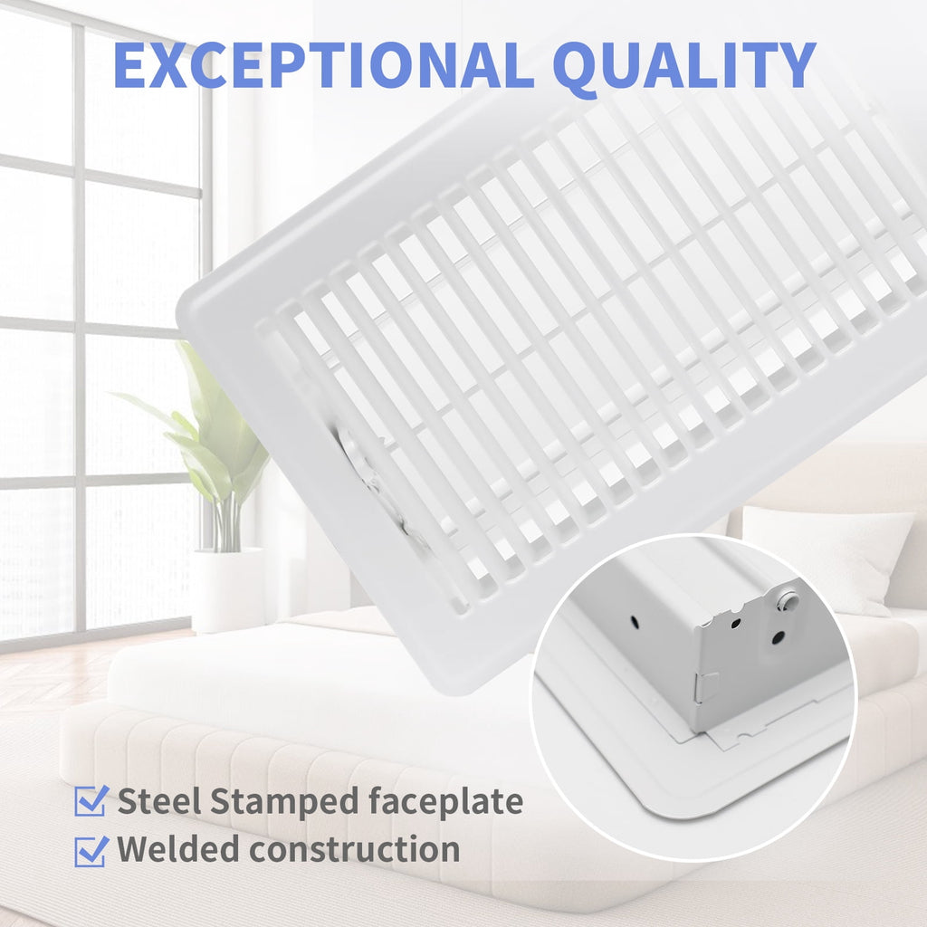 COZZIVITA 6x10 Inch Floor Register 2 Pack - Heavy Duty Steel Walkable Floor Vents, Easy Adjust Air Supply Lever - Vent Covers for Home (White)