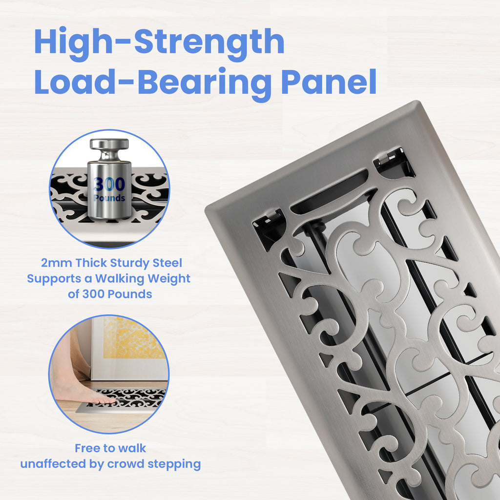 4x10 Inches Heavy Duty Walkable Floor Register - Easy Adjust Air Supply Lever Decorative Floor Vent Covers - Savannah Design Vent Covers for Home - Satin Nickel