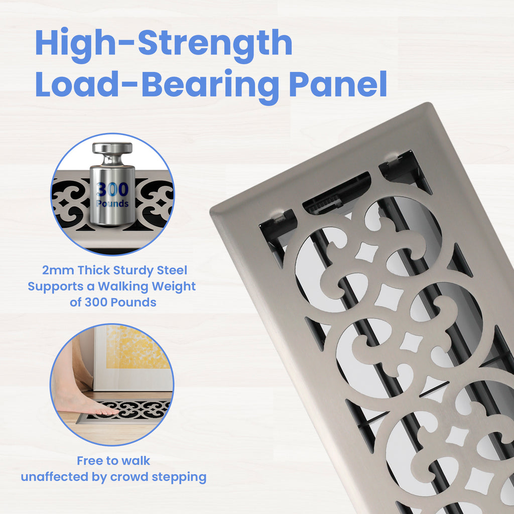 4x10 Inches 2 Pack Heavy Duty Walkable Floor Register Easy Adjust Air Supply Lever Floor Vents - Charlotte Design - Vent Cover for Home Floor - Satin Nicke