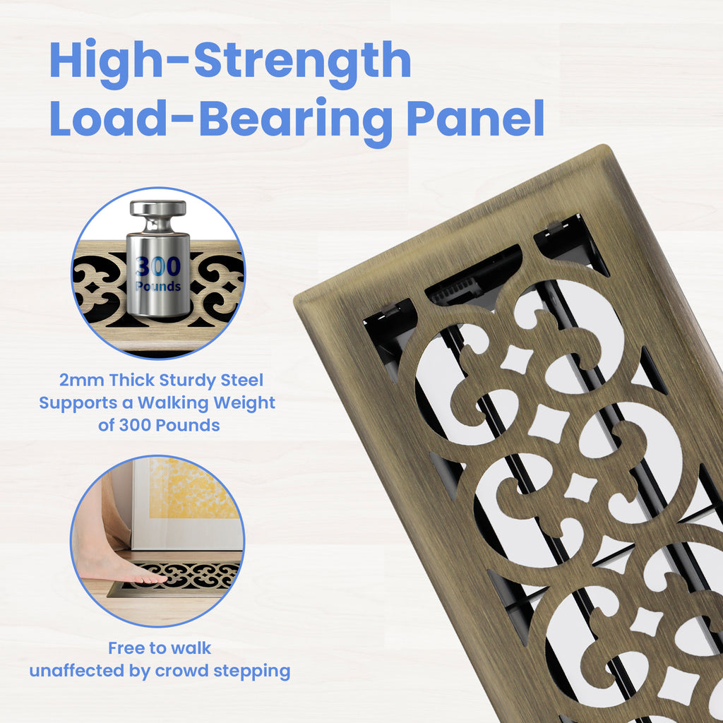 4x10 Inches Heavy Duty Walkable Floor Register Easy Adjust Air Supply Lever Floor Vents - Charlotte Design - Vent Cover for Home Floor - Antique Brass