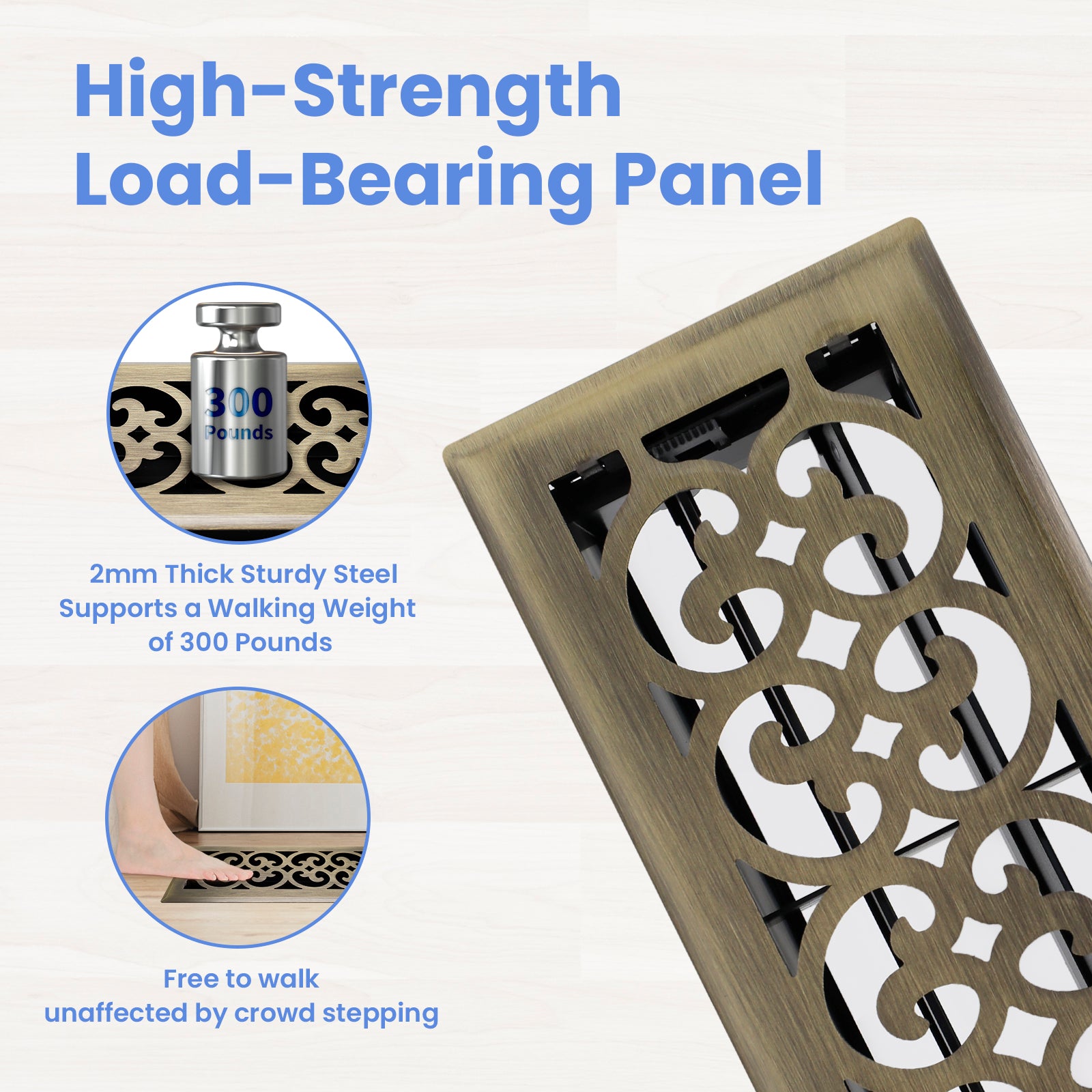 4x10 Inches Heavy Duty Walkable Floor Register Easy Adjust Air Supply Lever Floor Vents - Charlotte Design - Vent Cover for Home Floor - Antique Brass