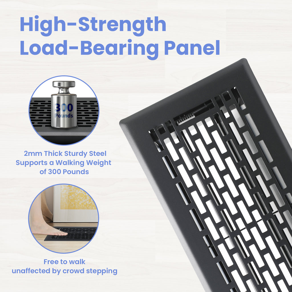 4x10 Inches Heavy Duty Walkable Floor Register - Easy Adjust Air Supply Lever Decorative Floor Vent Covers - Boston Design Vent Covers for Home - Matte Black
