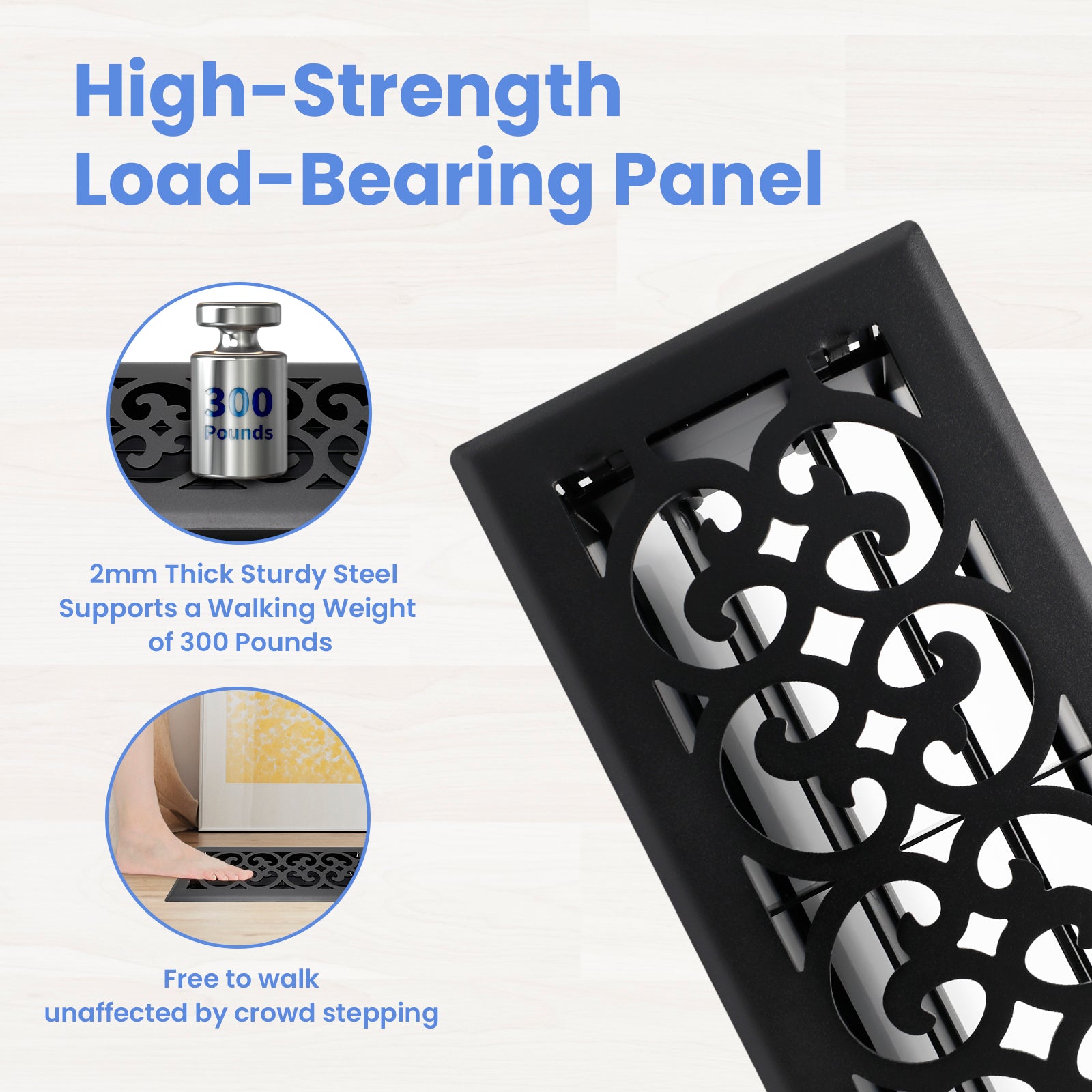 4x10 Inches 2 Pack Heavy Duty Walkable Floor Register Easy Adjust Air Supply Lever Floor Vents - Charlotte Design - Vent Cover for Home Floor - Matte Black