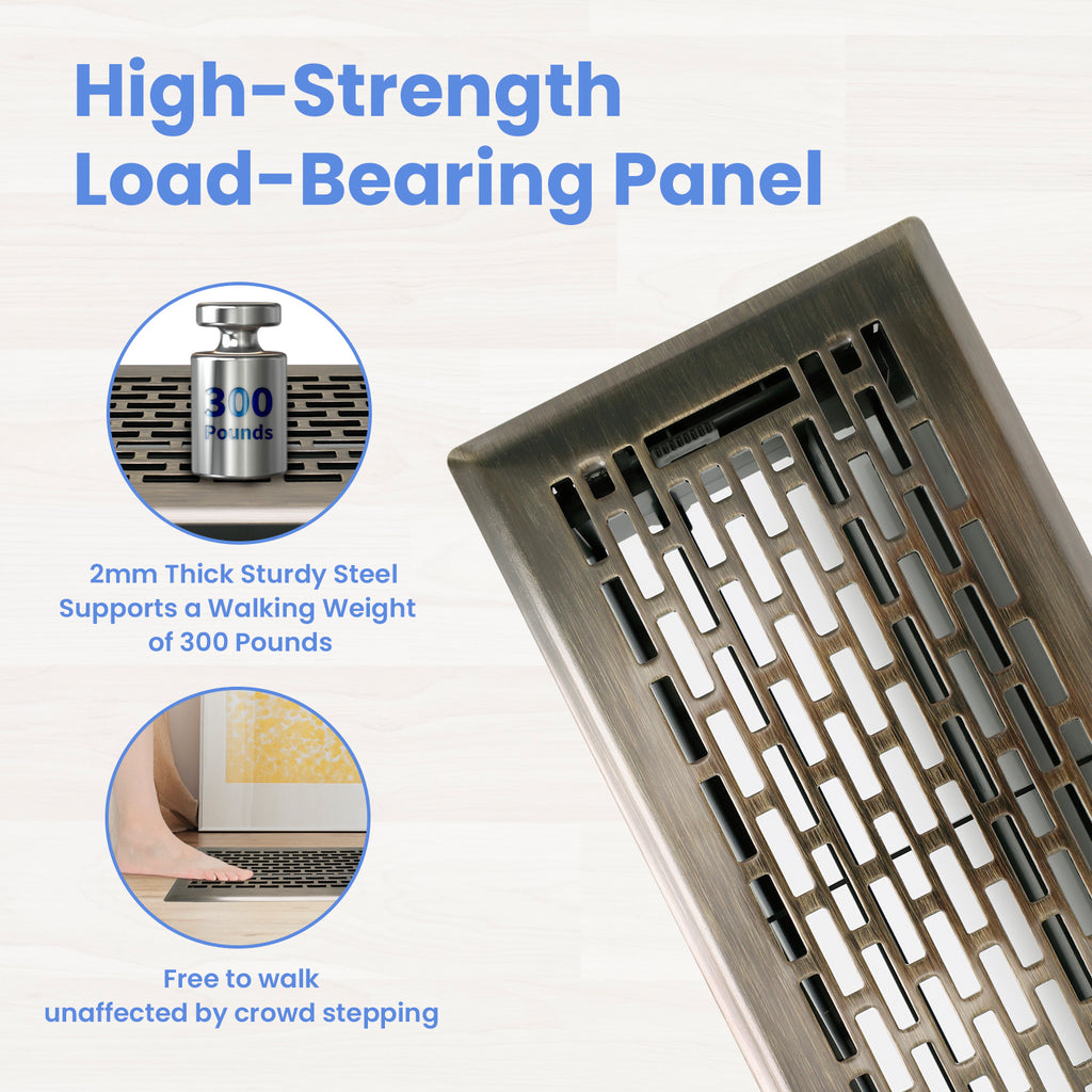 4x10 Inches 6 Pack Heavy Duty Walkable Floor Register - Easy Adjust Air Supply Lever Decorative Floor Vent Covers - Boston Design Vent Covers for Home - Antique Brass