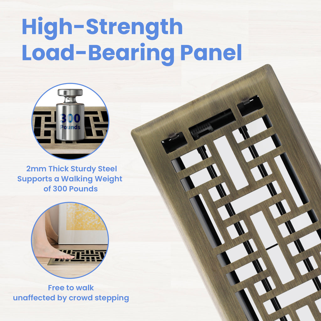 4x10 Inches 2 Pack Heavy Duty Walkable Floor Register Easy Adjust Air Supply Lever Floor Vents - Seattle Design - Vent Cover for Home Floor - Antique Brass