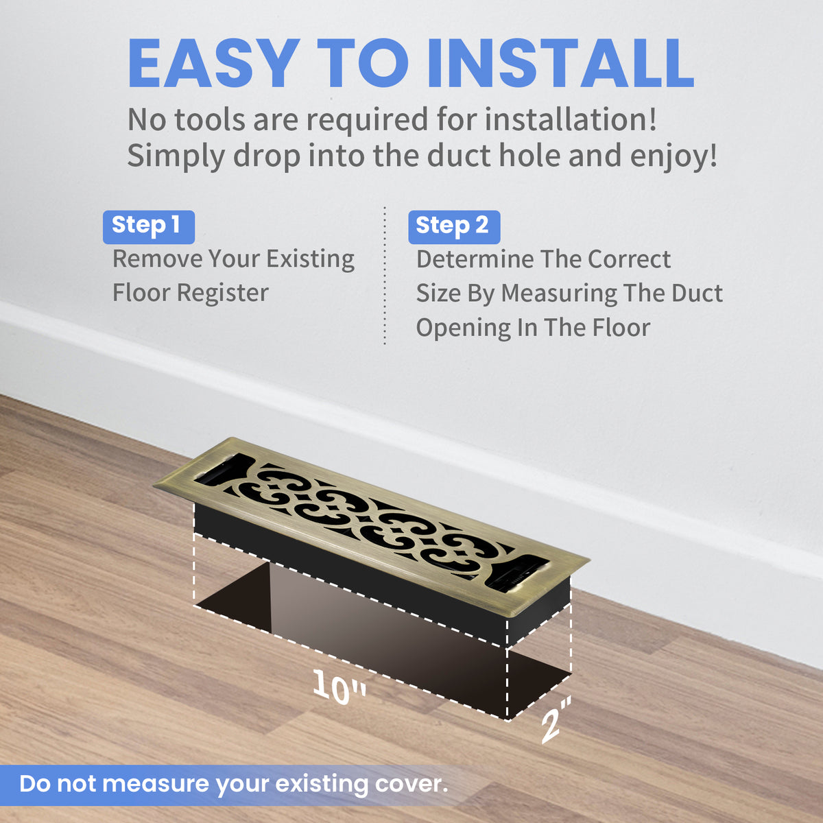 2x10 Inches Heavy Duty Walkable Floor Register Easy Adjust Air Supply Lever Floor Vents - Charlotte Design - Vent Cover for Home Floor - Antique Brass