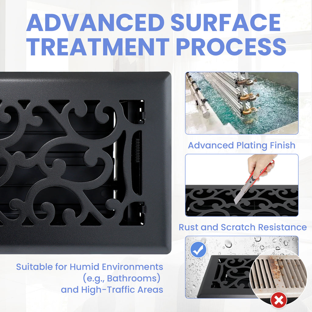4x10 Inches Heavy Duty Walkable Floor Register - Easy Adjust Air Supply Lever Decorative Floor Vent Covers - Savannah Design Vent Covers for Home - Matte Black