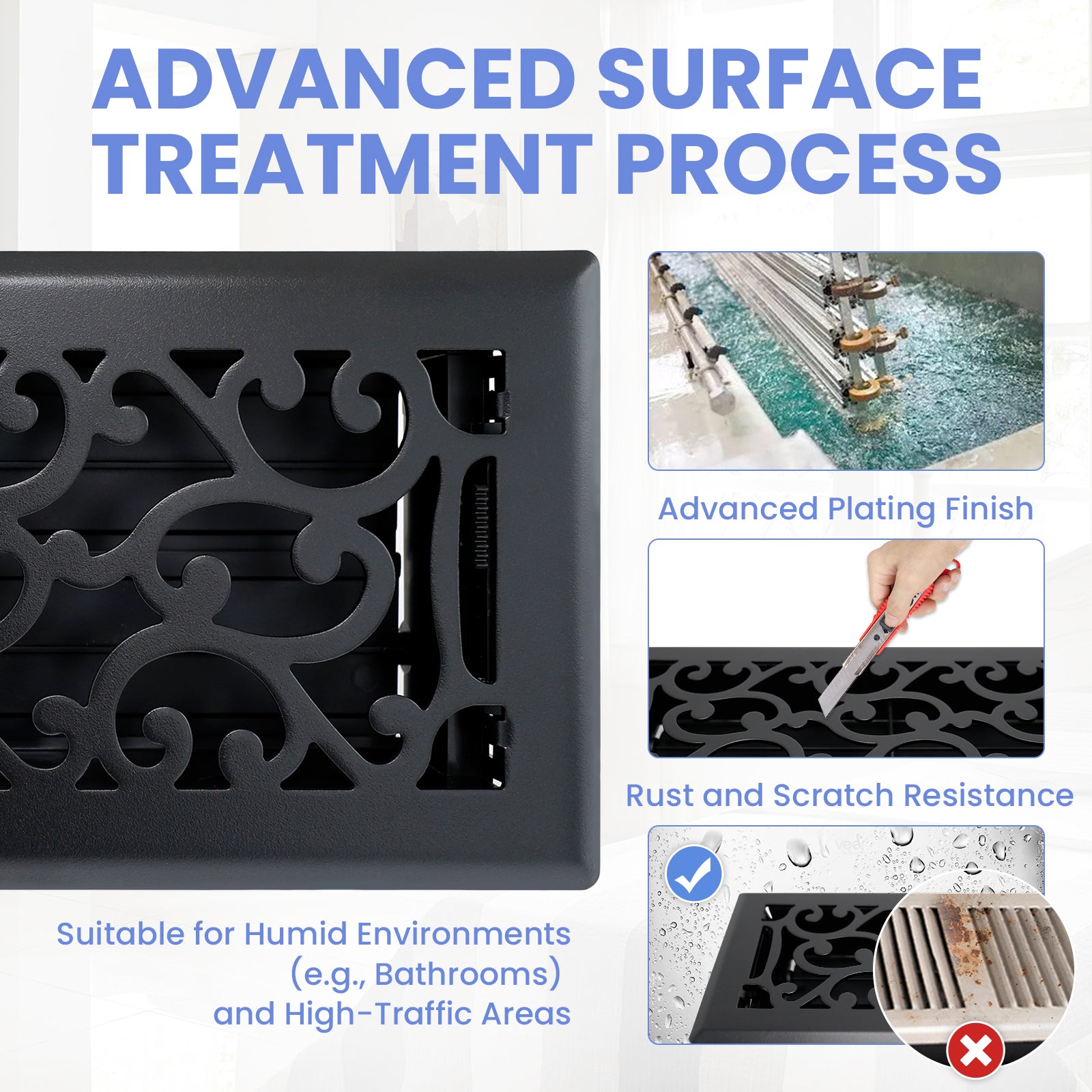 4x10 Inches Heavy Duty Walkable Floor Register - Easy Adjust Air Supply Lever Decorative Floor Vent Covers - Savannah Design Vent Covers for Home - Matte Black