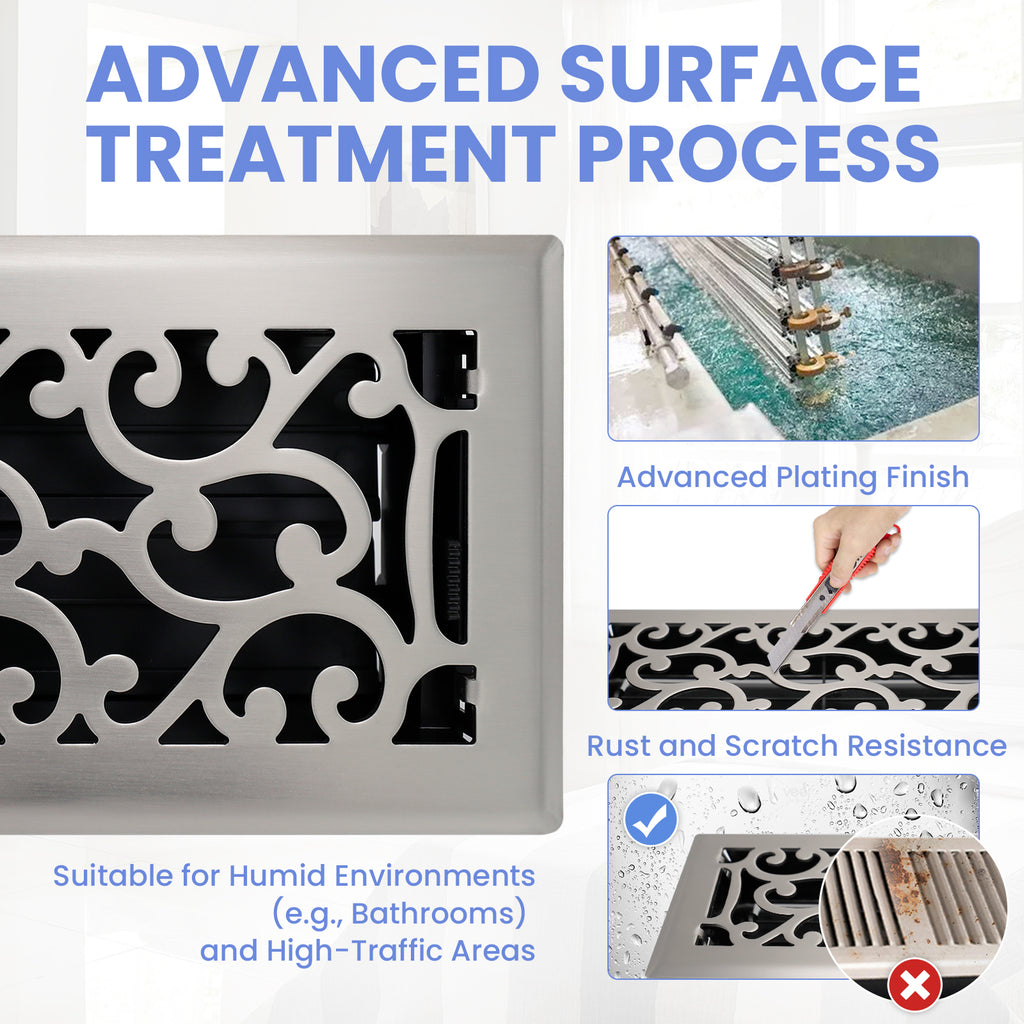 4x10 Inches Heavy Duty Walkable Floor Register - Easy Adjust Air Supply Lever Decorative Floor Vent Covers - Savannah Design Vent Covers for Home - Satin Nickel