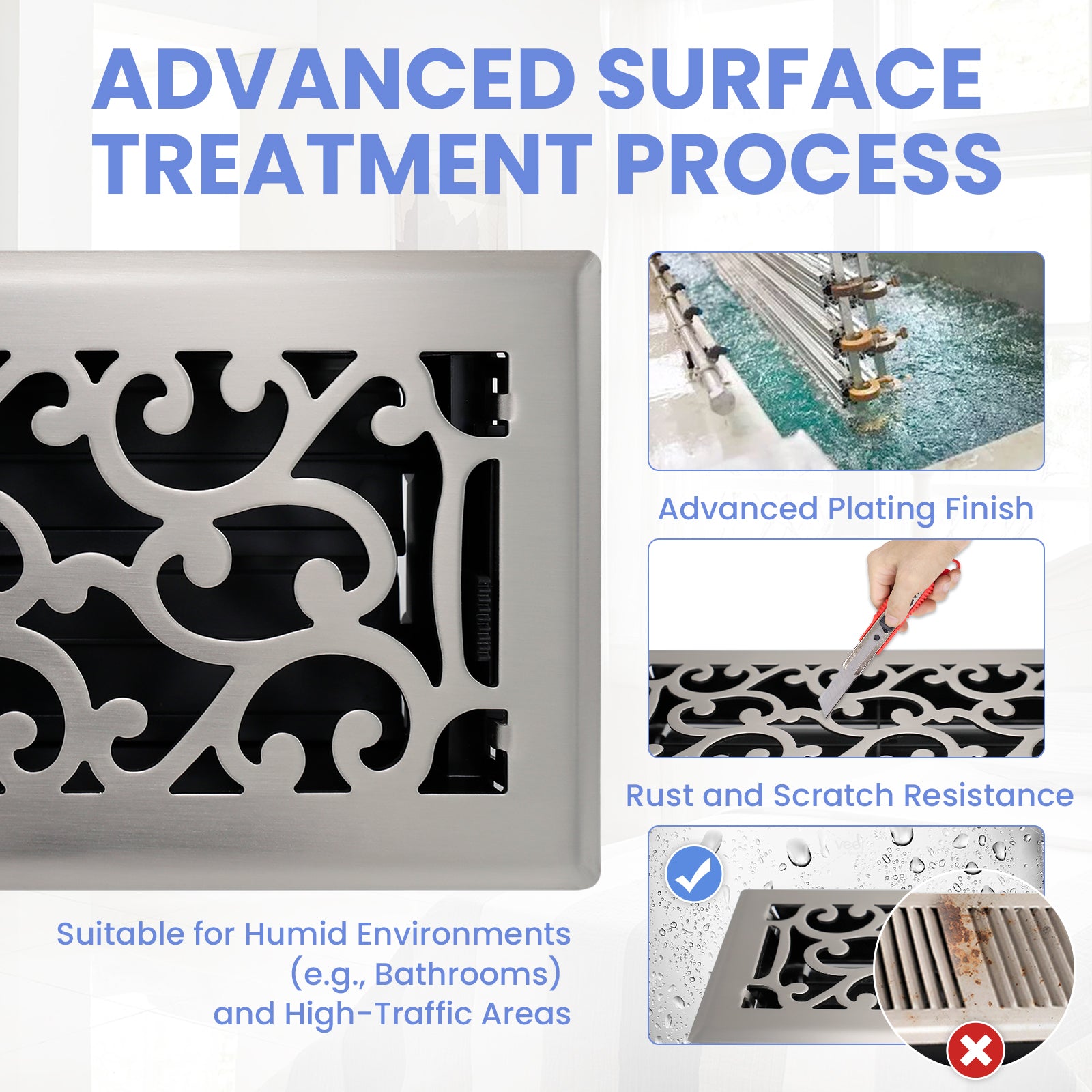 4x10 Inches Heavy Duty Walkable Floor Register - Easy Adjust Air Supply Lever Decorative Floor Vent Covers - Savannah Design Vent Covers for Home - Satin Nickel