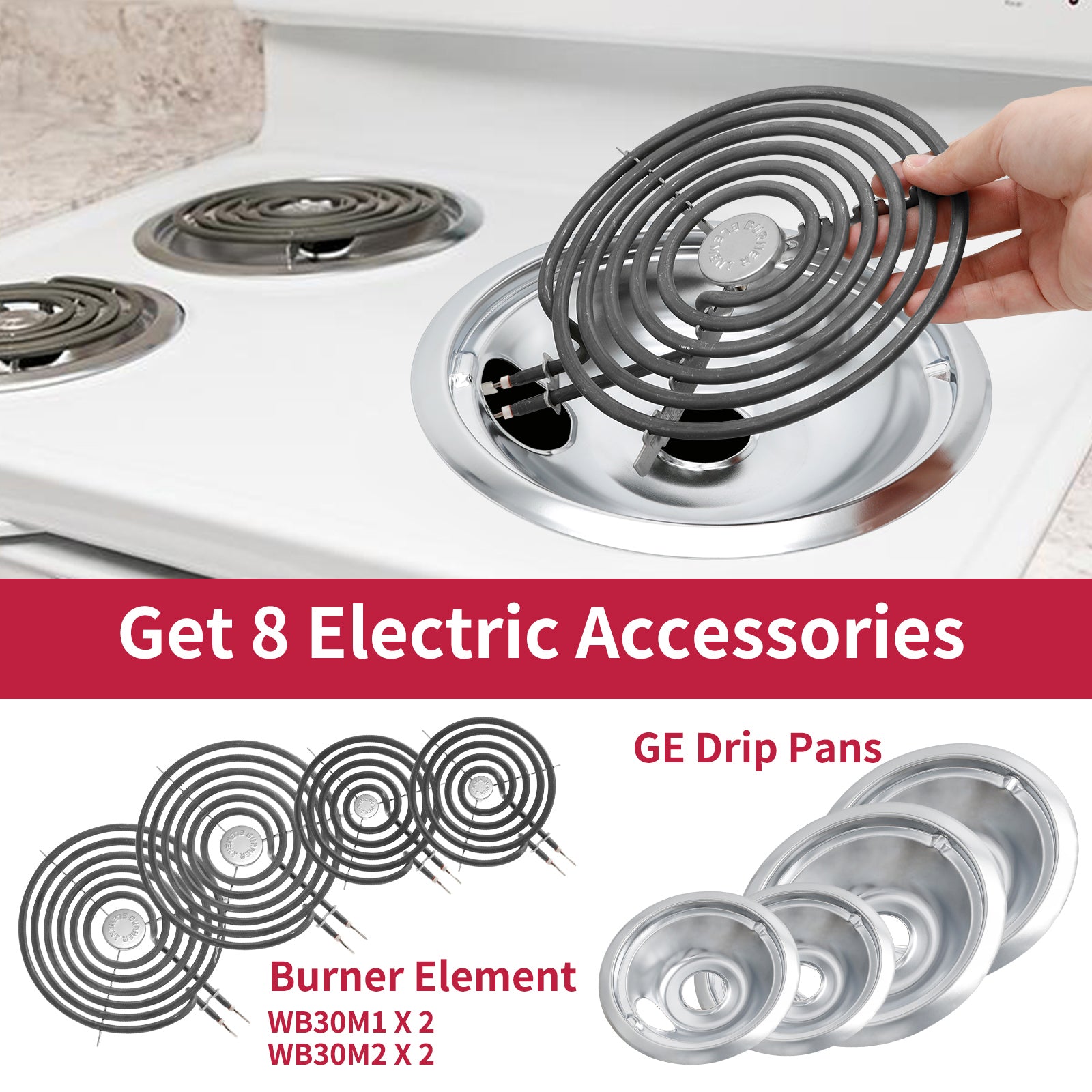 COZZIVITA Stove Burner Element Unit Set and GE Drip Pans, Perfectly Fit WB30M1 & WB30M2 -Replacement for GE Hotpoint Stove Top