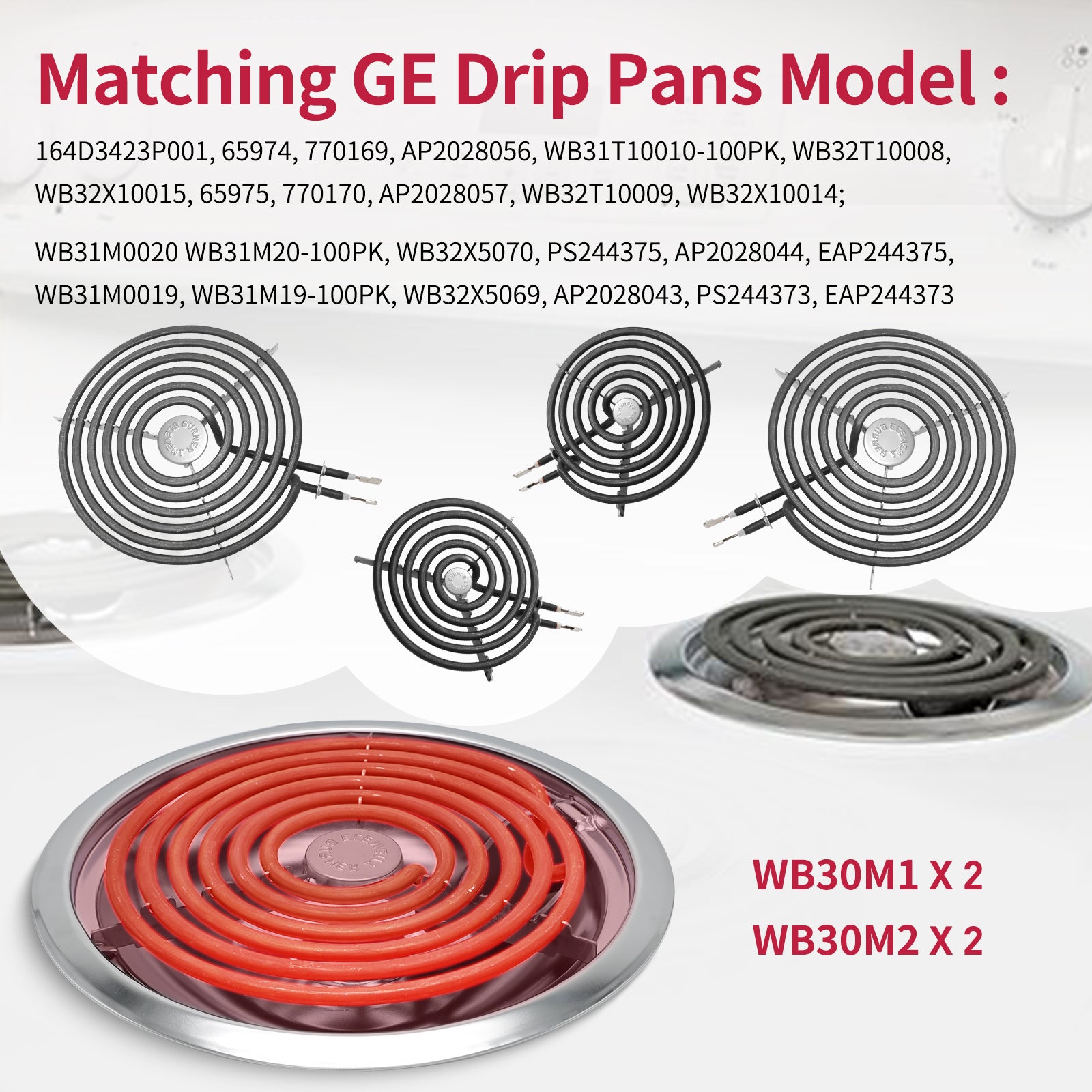 Stove Burner Element Unit Set and GE Drip Pans, Perfectly Fit WB30M1 & WB30M2 -Replacement for GE Hotpoint Stove Top