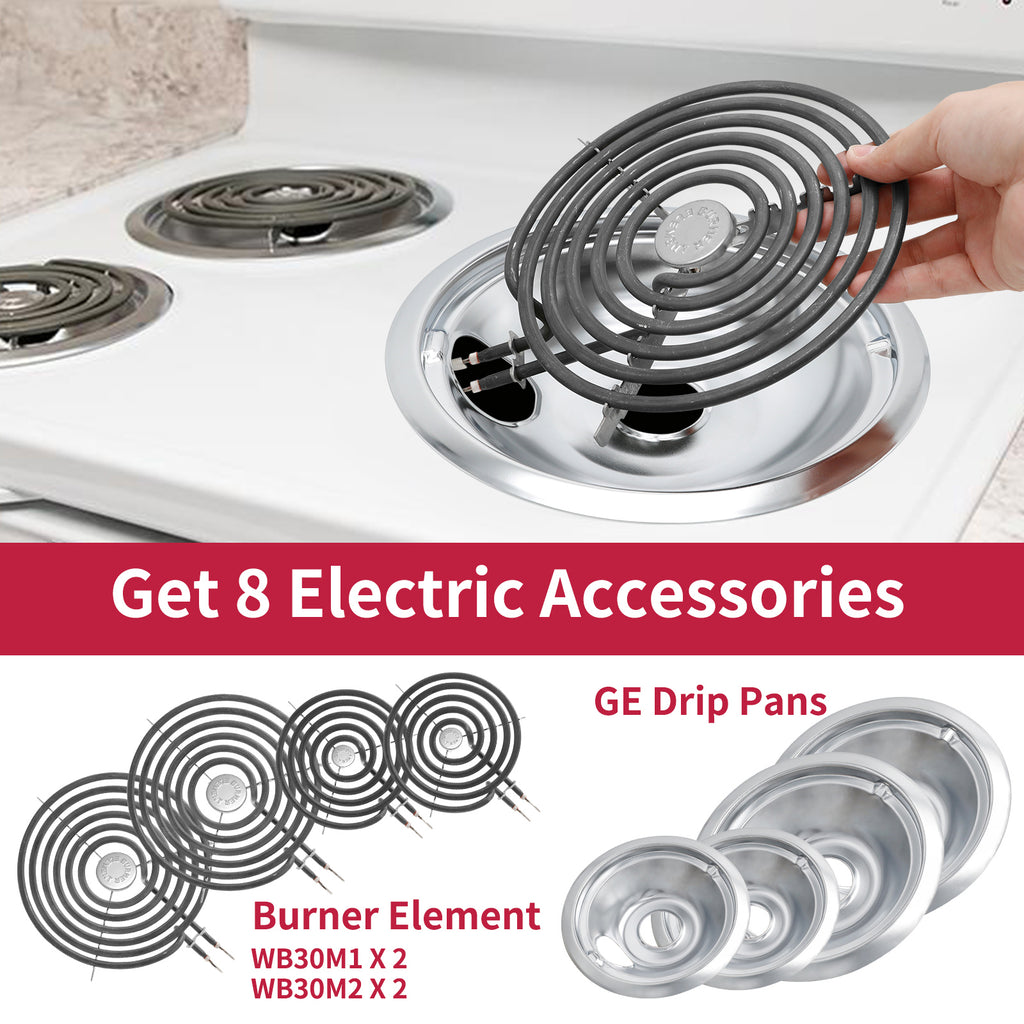 Stove Burner Element Unit Set and GE Drip Pans, Perfectly Fit WB30M1 & WB30M2 -Replacement for GE Hotpoint Stove Top