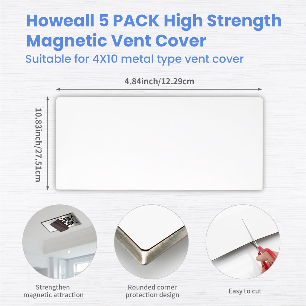 High Strength Magnetic Vent Covers 5-Pack (4.84" x 10.83") - White, for Floor/Wall/Ceiling Steel Registers, Home & RV Use