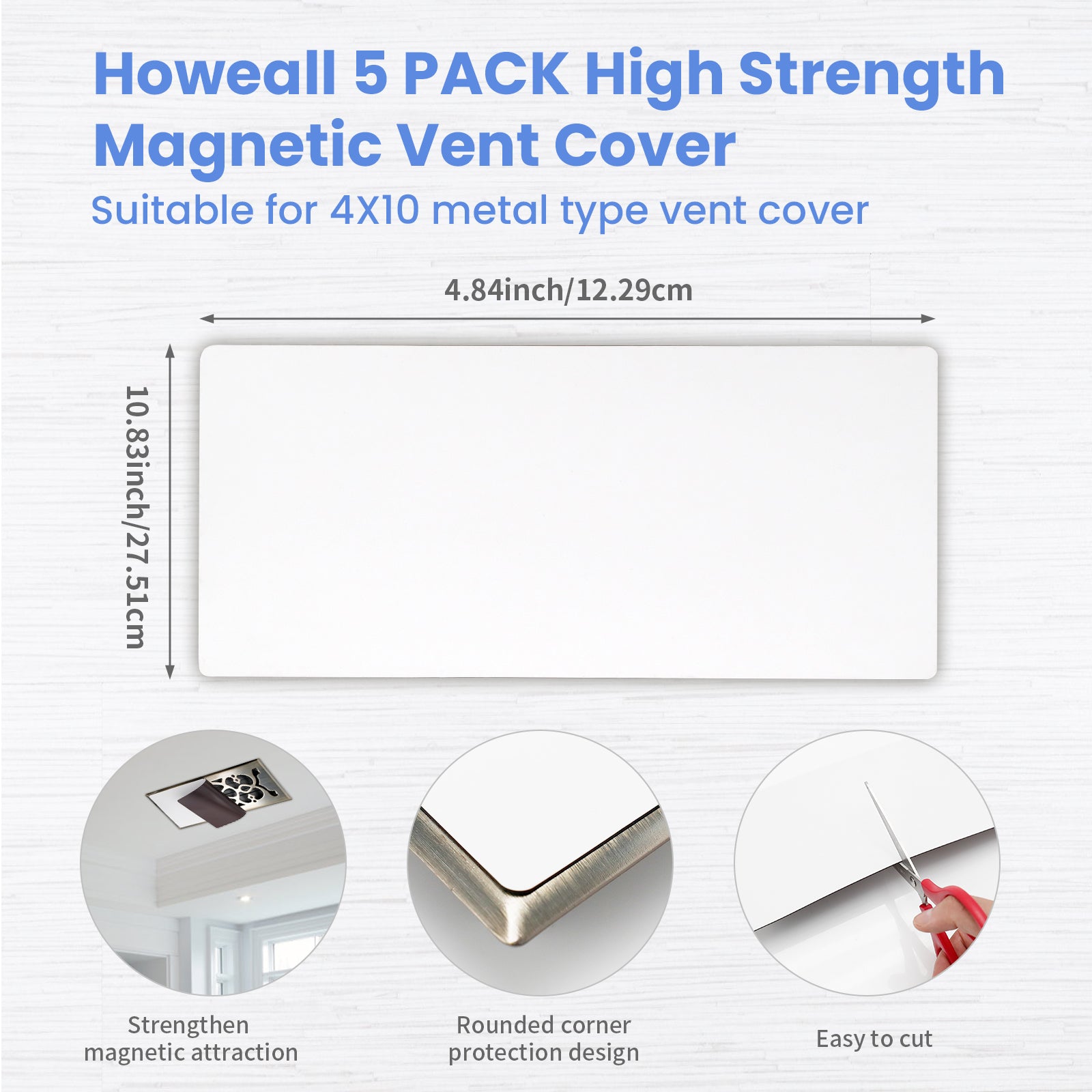High Strength Magnetic Vent Covers 5-Pack (4.84" x 10.83") - White, for Floor/Wall/Ceiling Steel Registers, Home & RV Use