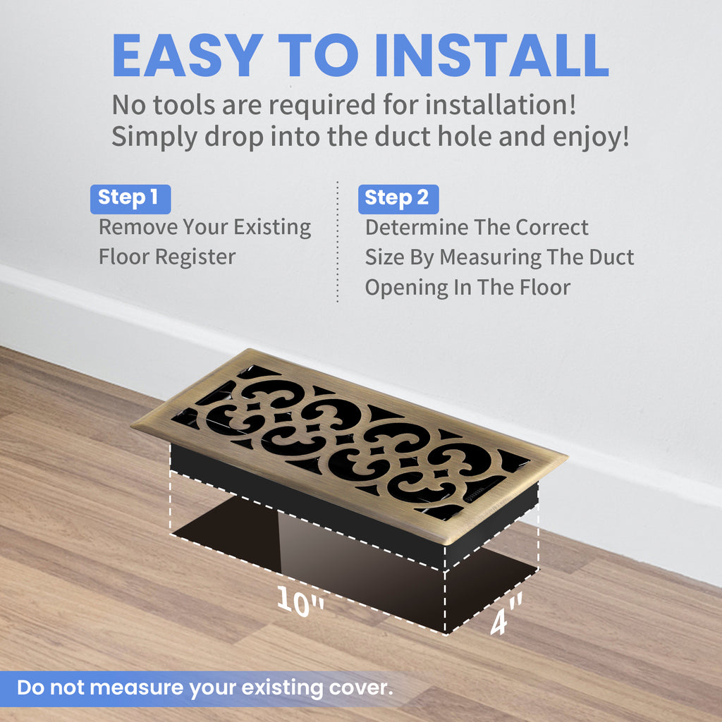 4x10 Inches 2 Pack Heavy Duty Walkable Floor Register Easy Adjust Air Supply Lever Floor Vents - Charlotte Design - Vent Cover for Home Floor - Antique Brass