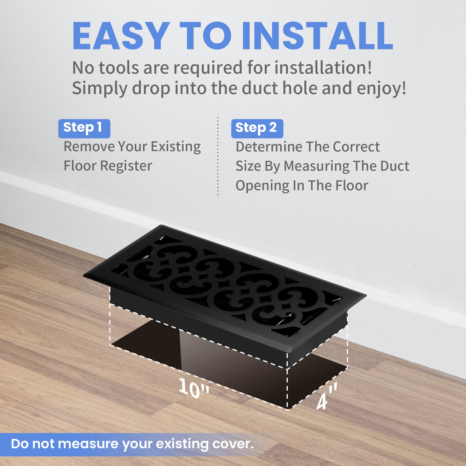 4x10 Inches 2 Pack Heavy Duty Walkable Floor Register Easy Adjust Air Supply Lever Floor Vents - Charlotte Design - Vent Cover for Home Floor - Matte Black