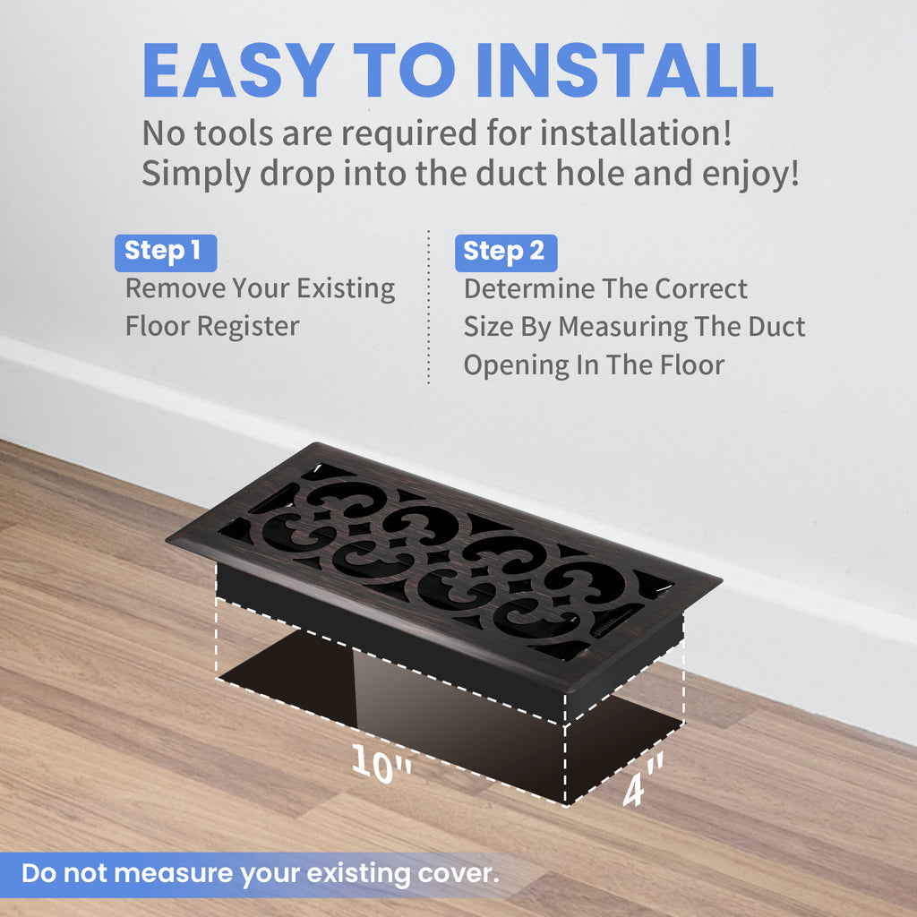 4x10 Inches Heavy Duty Walkable Floor Register Easy Adjust Air Supply Lever Floor Vents - Charlotte Design - Vent Cover for Home Floor - Oil Rubbed Bronze