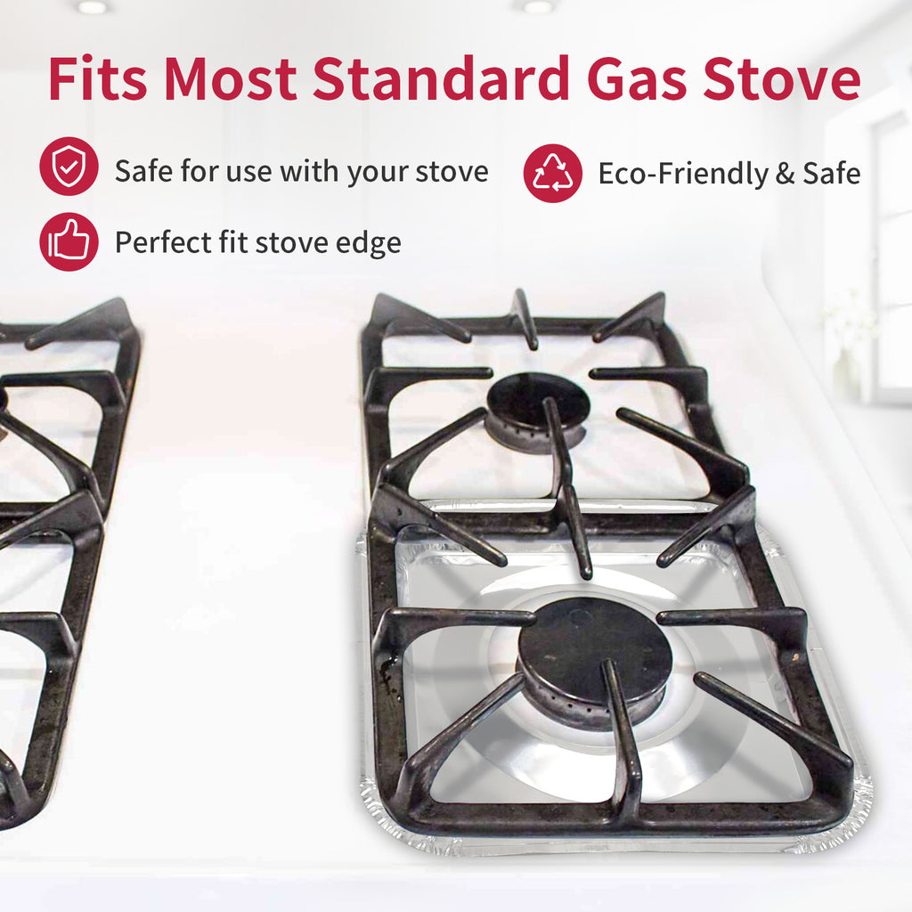 Aluminum Gas Stove Burner Covers -Thicker Foil Square Burner Liners - Disposable Gas Range Protectors, 100 Pack（Outer diameter: 8.5 x 8.5 inch）