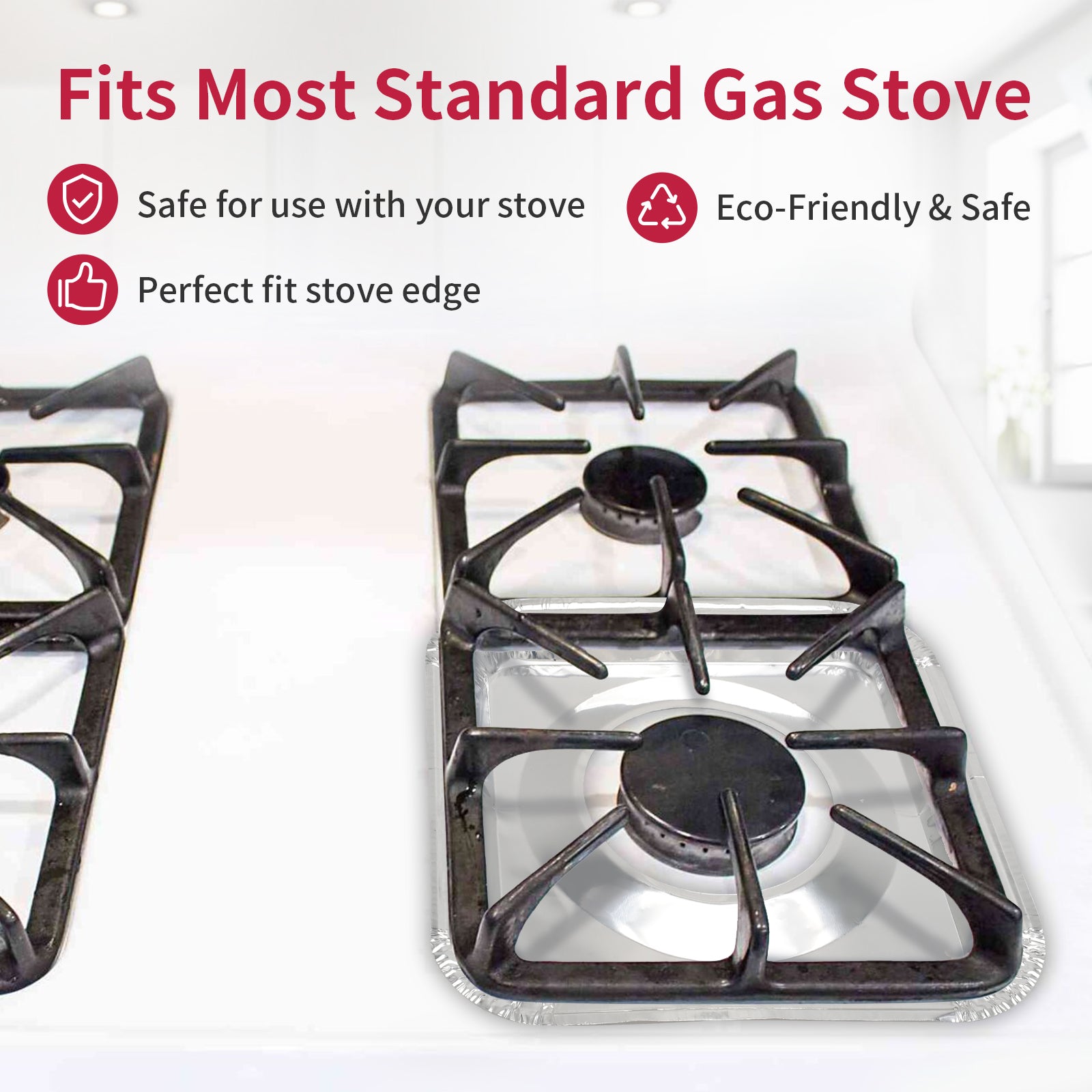 Aluminum Gas Stove Burner Covers -Thicker Foil Square Burner Liners - Disposable Gas Range Protectors, 100 Pack（Outer diameter: 8.5 x 8.5 inch）