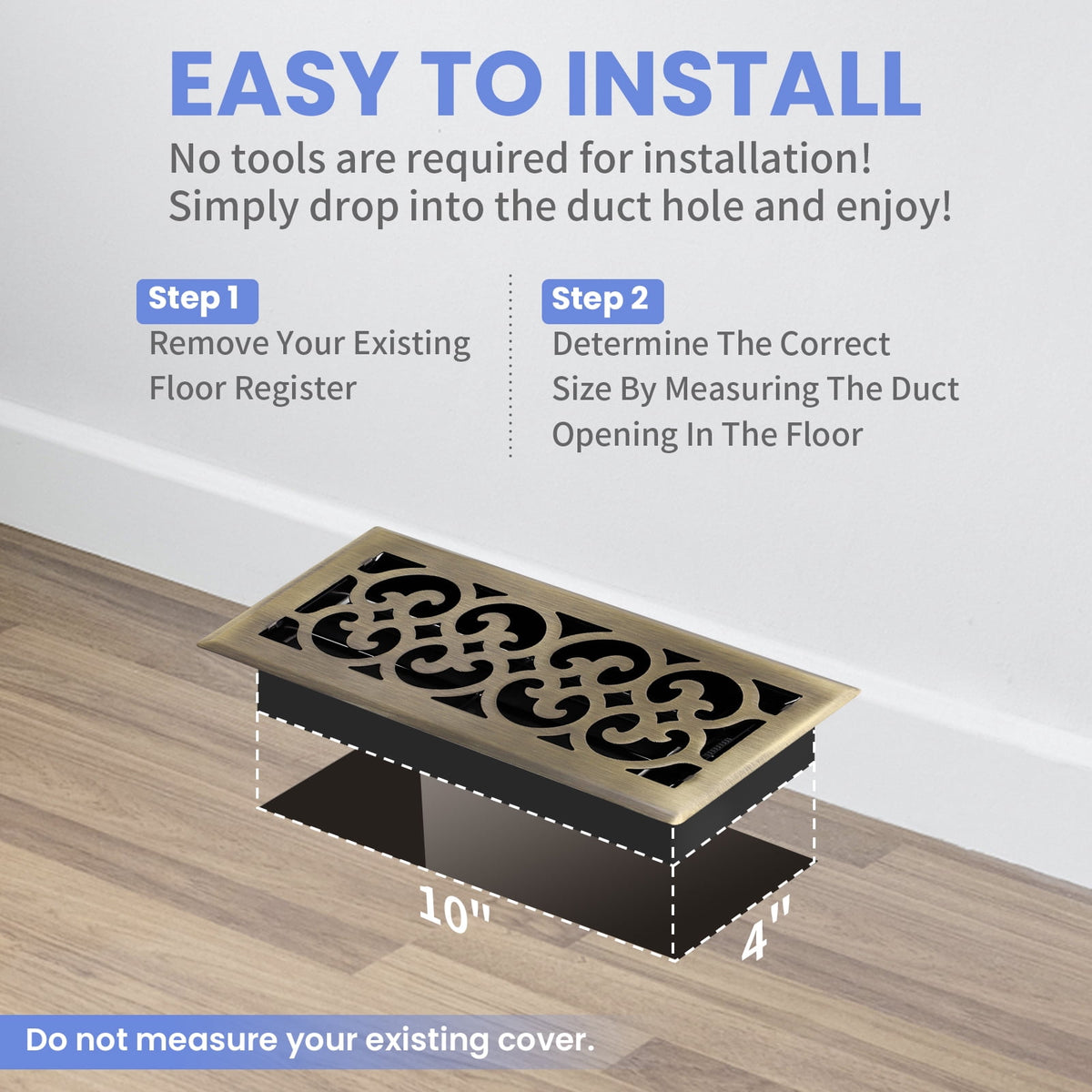 4x10 Inches 6 Pack Heavy Duty Walkable Floor Register - Easy Adjust Air Supply Lever Decorative Floor Vent Covers, Charlotte Design Vent Covers for Home - Antique Brass