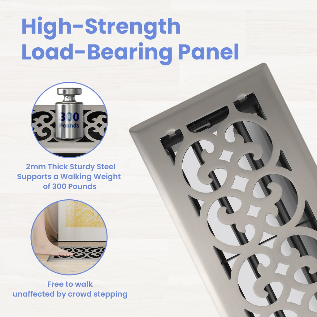 4x10 Inches 6 Pack Heavy Duty Walkable Floor Register - Easy Adjust Air Supply Lever Decorative Floor Vent Covers, Charlotte Design Vent Covers for Home - Satin Nickel