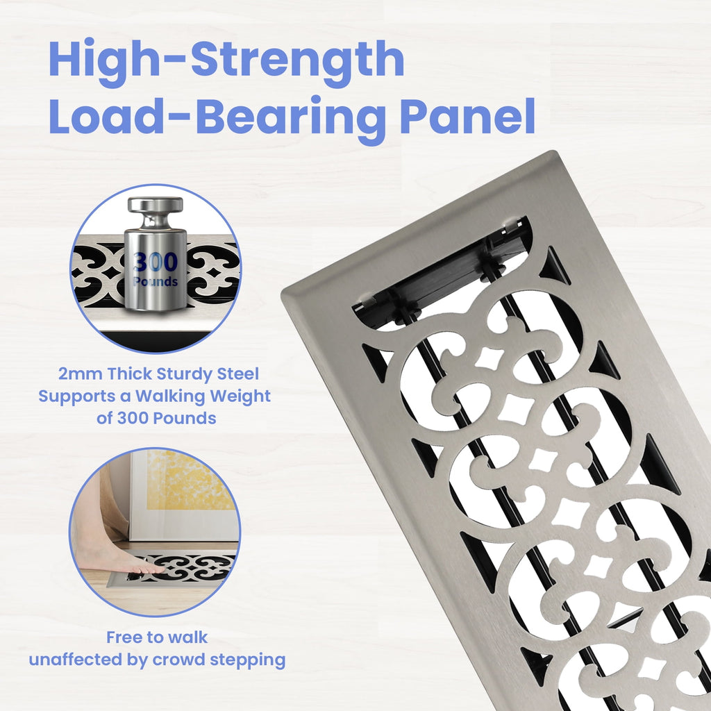 4x14 Inches N Pack Heavy Duty Walkable Floor Register Easy Adjust Air Supply Lever Floor Vents - Charlotte Design - Vent Cover for Home Floor - Satin Nickel
