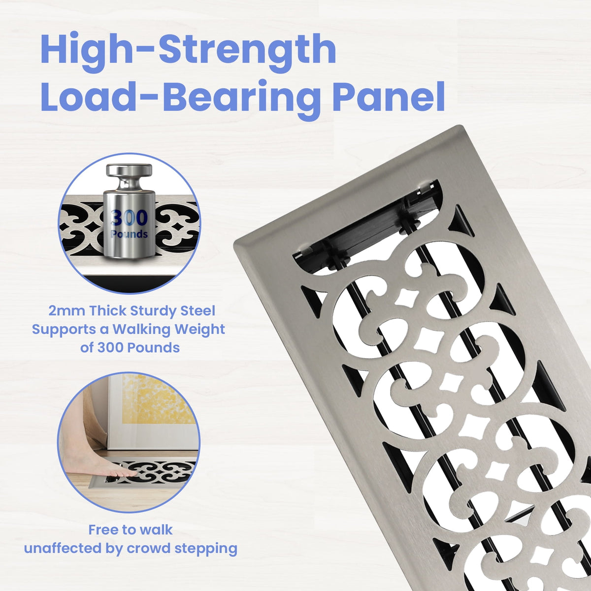 4x14 Inches N Pack Heavy Duty Walkable Floor Register Easy Adjust Air Supply Lever Floor Vents - Charlotte Design - Vent Cover for Home Floor - Satin Nickel
