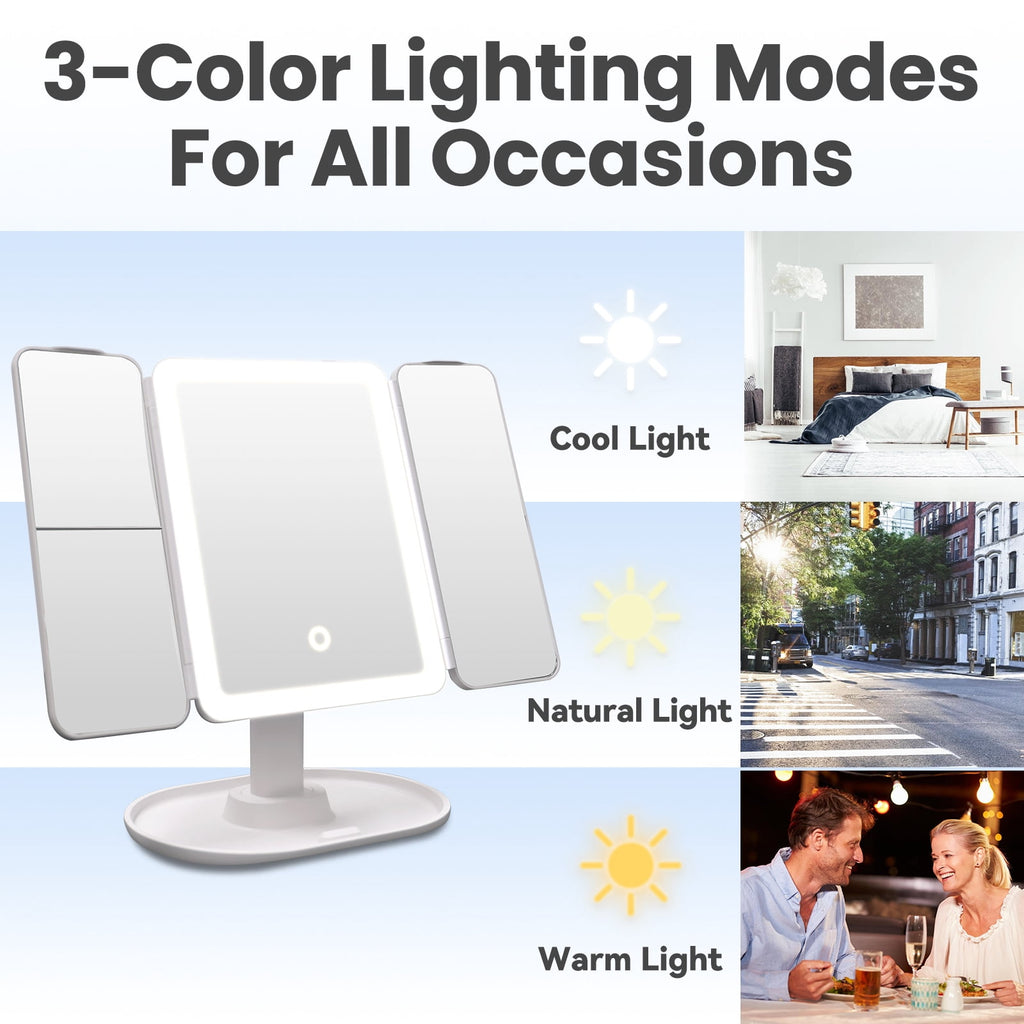 Smart Makeup Mirror with Lights - 2X/3X/10X magnification, smart sensor, adjustable brightness & stand, Type-C fast charging (3 colors). Perfect gift for women & girls.
