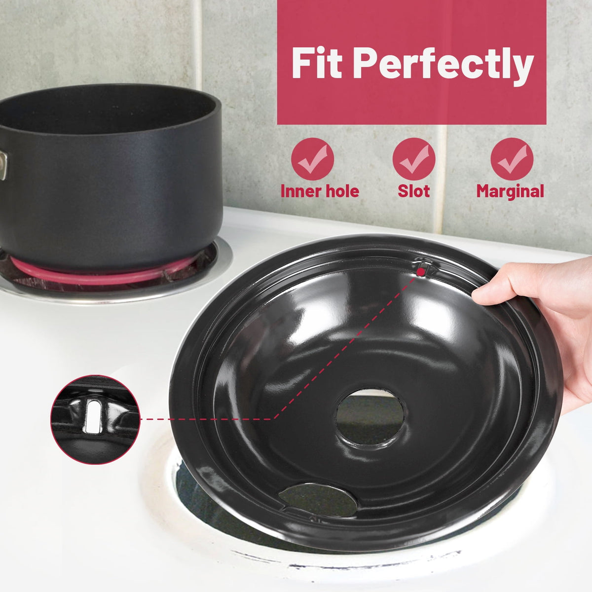 4 Pack Black Cooktop Drip Pans, Compatible with GE Hotpoint Stove. Include 2 Pcs 6'' Range Replacement Drip Pans and 2 Pcs 8 '' Burner Drip Pans for Electric Stove Top, Enamel