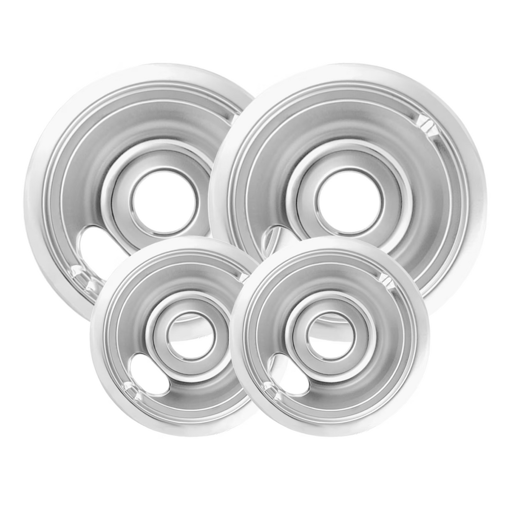 4-Piece GE Drip Pans Set - Compatible with GE Stoves - Chrome Finish Electric Stove Burner Drip Pans - 2 x 6inch, 2 x 8inch Stove Drip Pans - GE Stove Drip Pans, Chrome