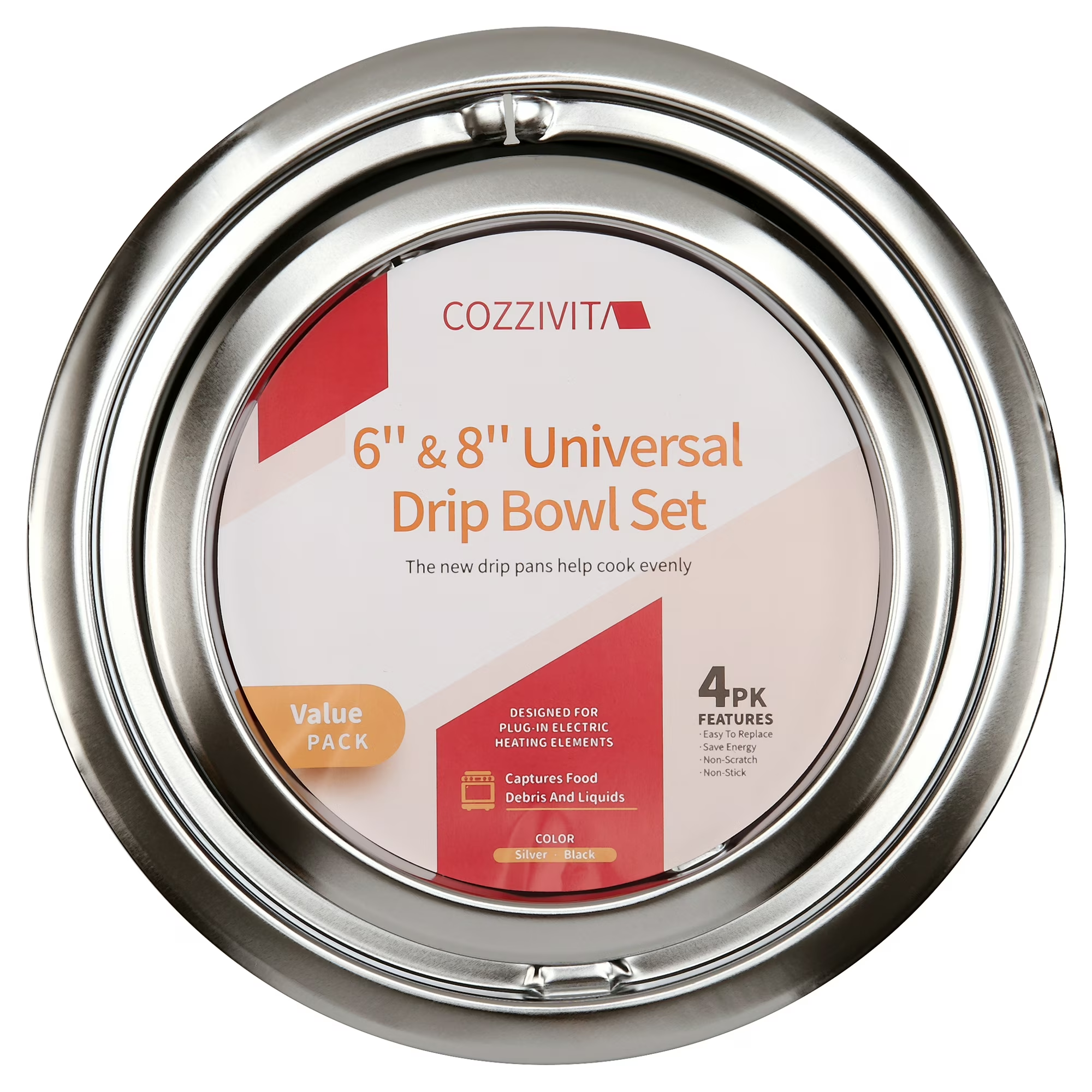 4-Piece GE Drip Pans Set - Compatible with GE Stoves - Chrome Finish Electric Stove Burner Drip Pans - 2 x 6inch, 2 x 8inch Stove Drip Pans - GE Stove Drip Pans, Chrome