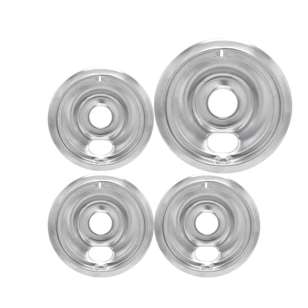 4-Piece Drip Pans Set- Chrome Finish Electric Stove Burner Drip Pans - 3x 6inch, 1 x 8inch - GE Stove Drip
