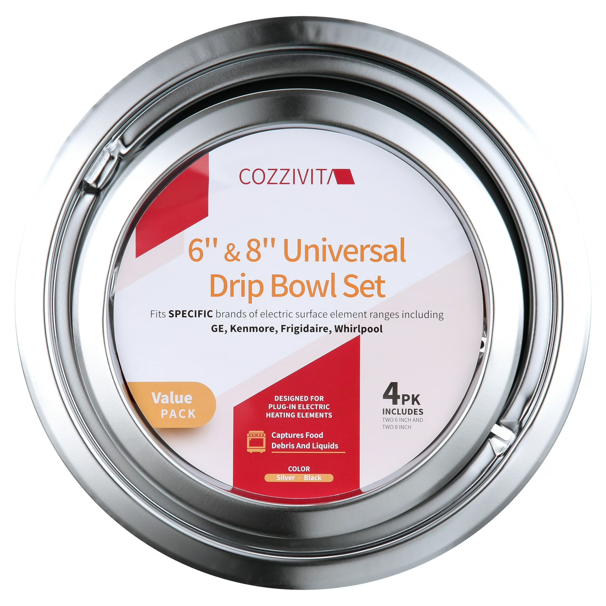 4-Piece Drip Pans Set- Chrome Finish Electric Stove Burner Drip Pans - 3x 6inch, 1 x 8inch - GE Stove Drip