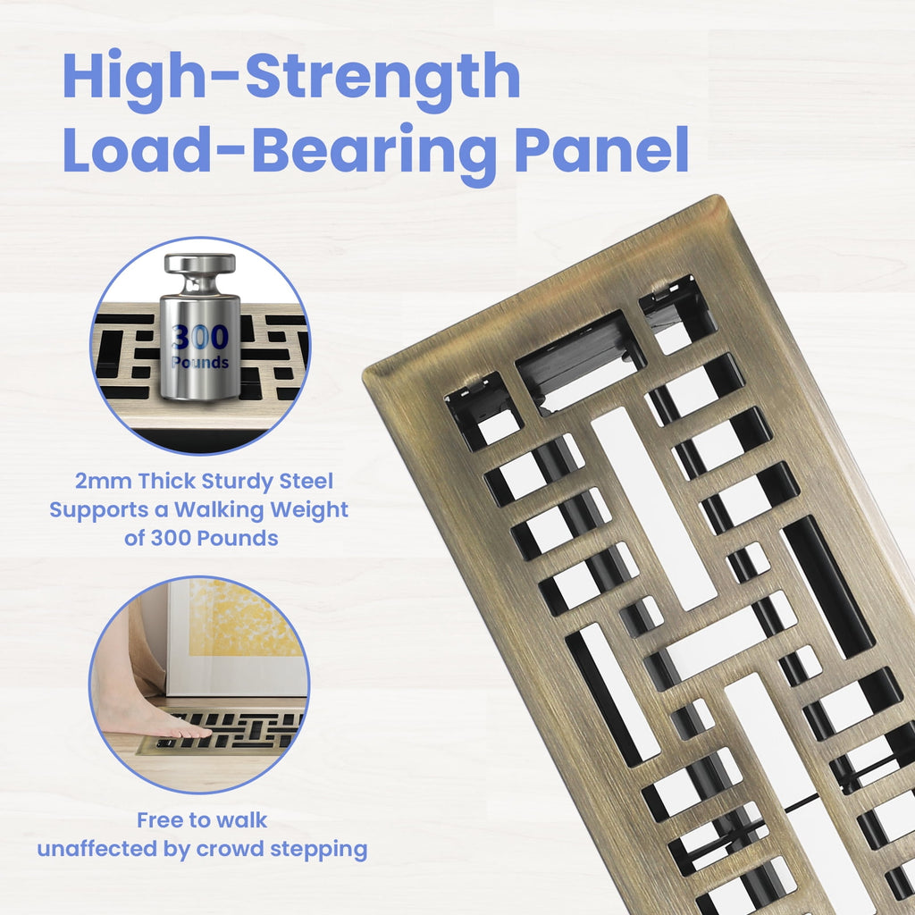 4x14 Inches B Pack Heavy Duty Walkable Floor Register Easy Adjust Air Supply Lever Floor Vents - Seattle Design - Vent Cover for Home Floor - Antique Brass