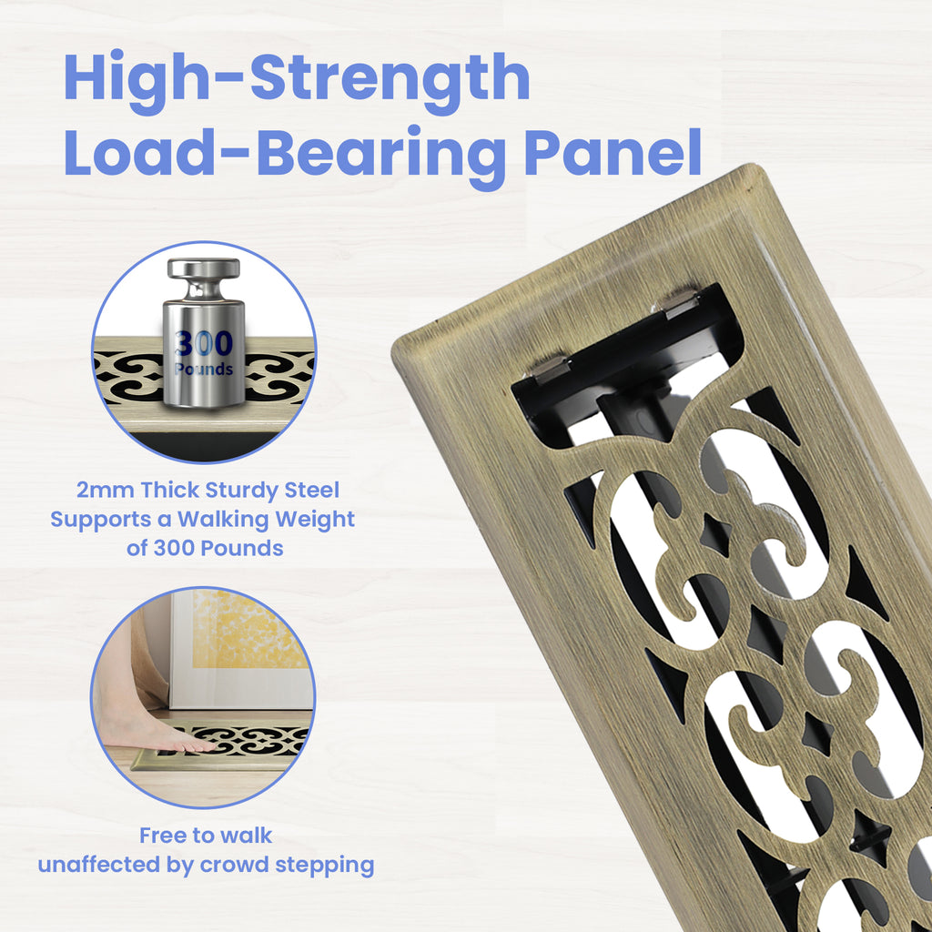 2x10 Inches Heavy Duty Walkable Floor Register Easy Adjust Air Supply Lever Floor Vents - Charlotte Design - Vent Cover for Home Floor - Antique Brass