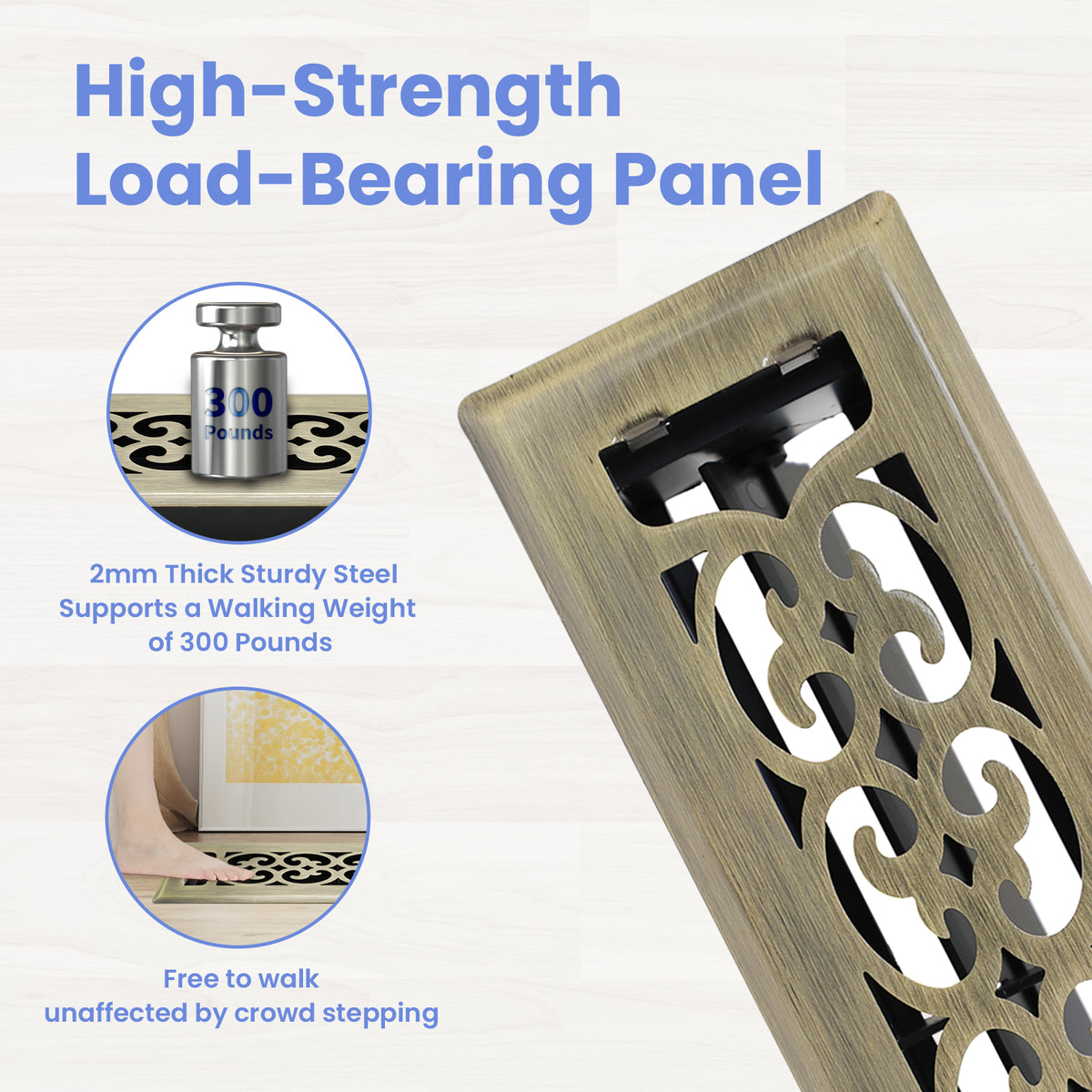 2x10 Inches Heavy Duty Walkable Floor Register Easy Adjust Air Supply Lever Floor Vents - Charlotte Design - Vent Cover for Home Floor - Antique Brass