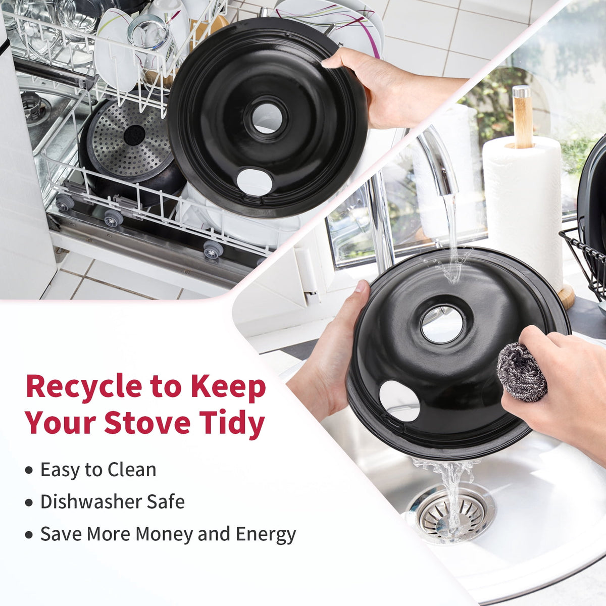 Compatible with Frigidaire Kenmore by Enamel Set of 4 Oven Burner Drip Pans, Black (3*6+1*8)