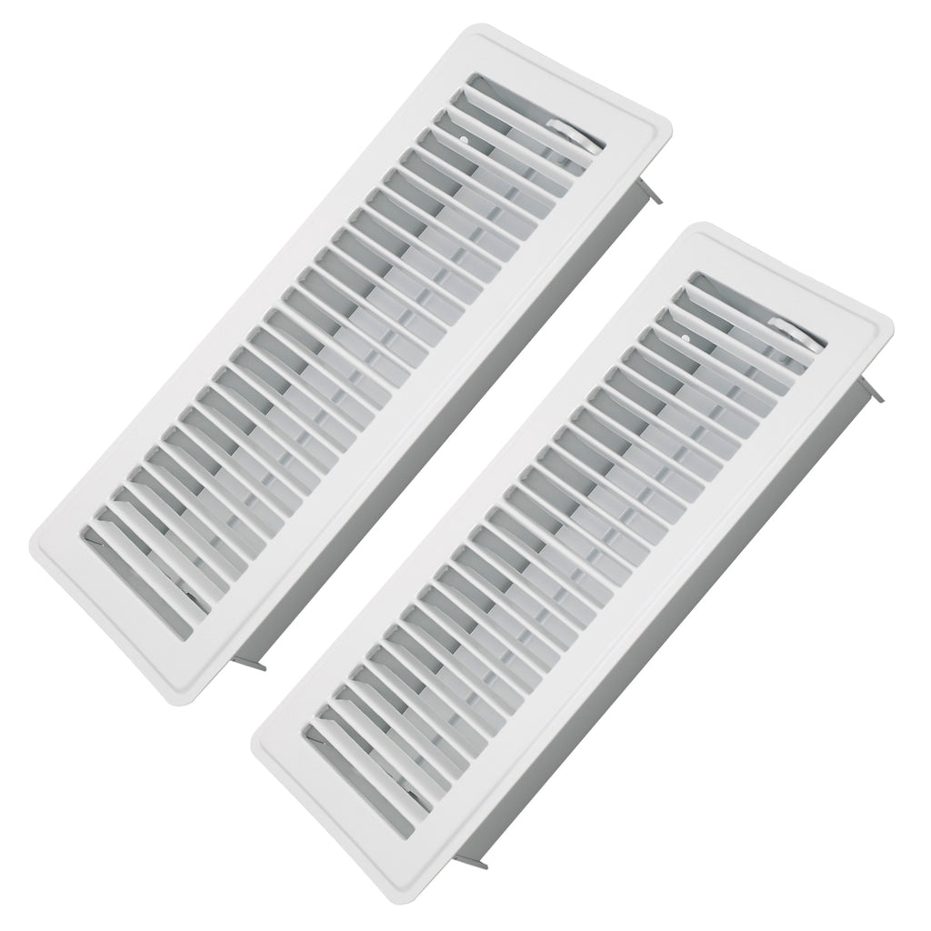 4" x 12" Floor Register 2 Pack - Heavy Duty Steel Walkable Floor Vents - Easy Adjust Air Supply Lever - Vent Covers for Home (White)