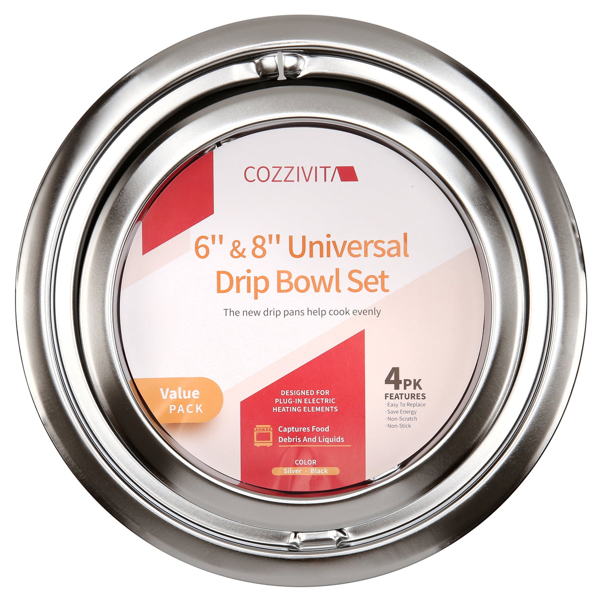 GE WB31T10010/11 4-Pack Electric Stove Drip Pans | Stainless Steel, Thickened Anti-Bend & Rust-Resistant – (3*6+1*8)