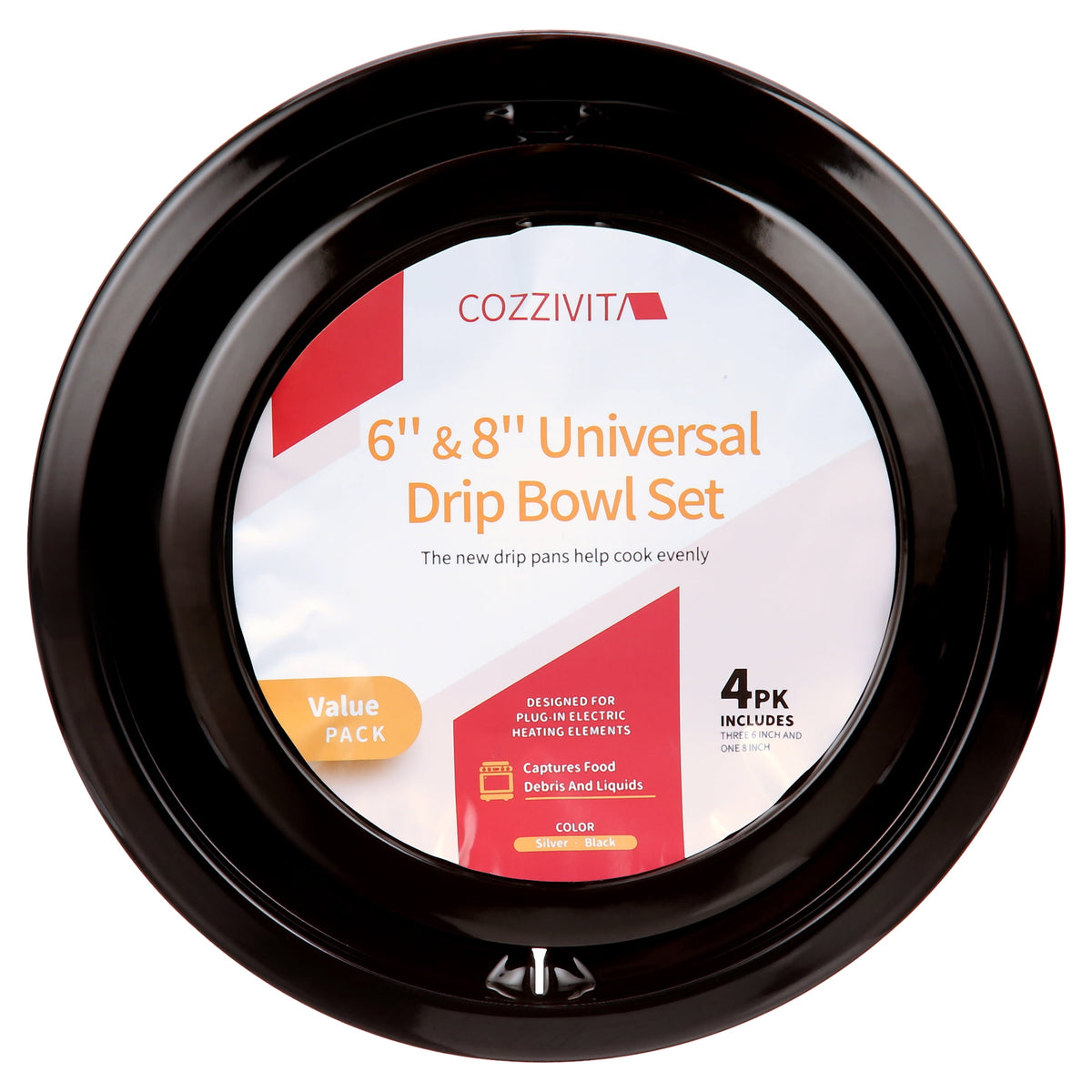 Whirlpool Drip Pans, Set of 4 Black Enamel Stove Replacement Drip Pans (Includes Three 6 inches and One 8 Inches)