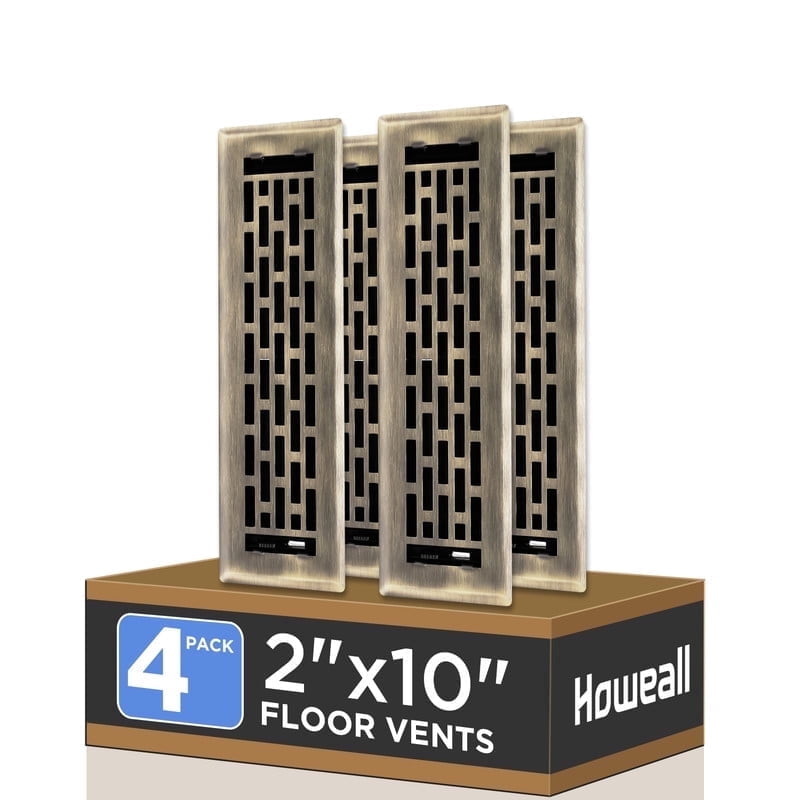 2x10 Inches 4 Pack Heavy Duty Walkable Floor Register - Easy Adjust Air Supply Lever Decorative Floor Vent Covers, Boston Design Vent Covers for Home - Antique Brass