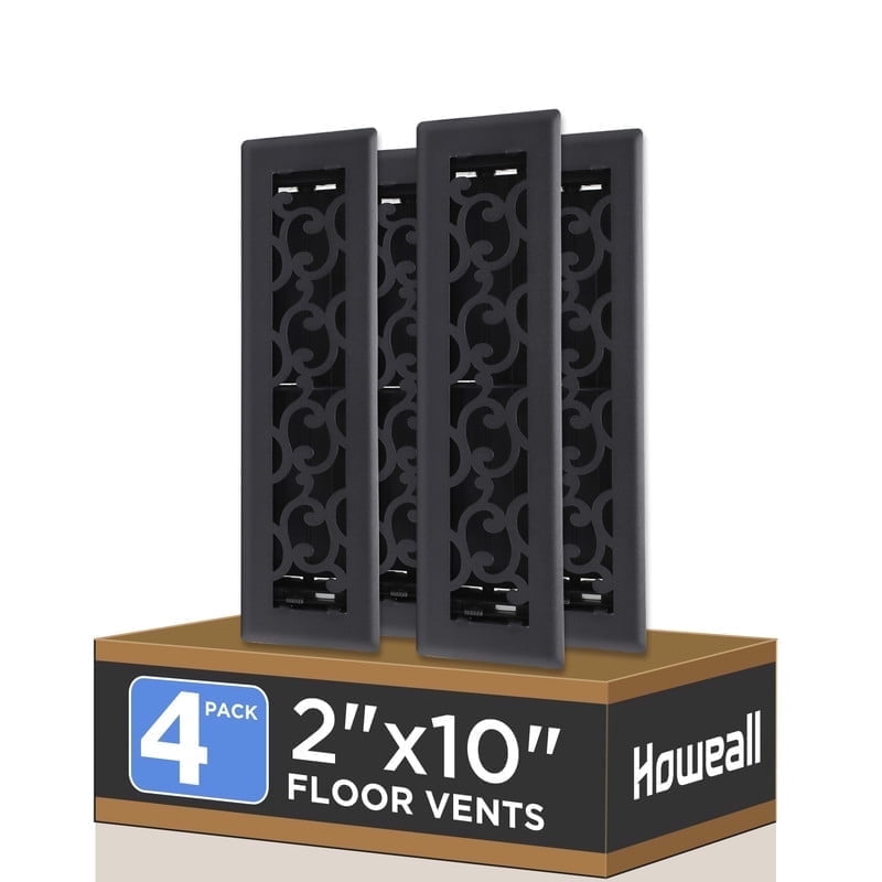 2x10 Inches 4 Pack Heavy Duty Walkable Floor Register - Easy Adjust Air Supply Lever Decorative Floor Vent Covers, Savannah Design Vent Covers for Home - Matte Black