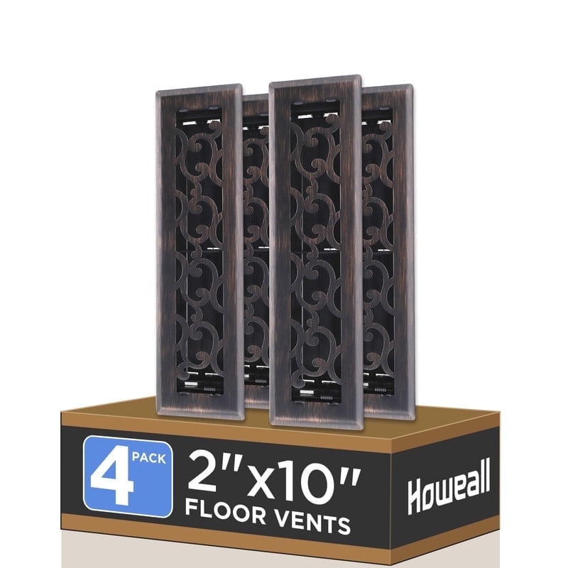 2x10 Inches 4 Pack Heavy Duty Walkable Floor Register - Easy Adjust Air Supply Lever Decorative Floor Vent Covers, Savannah Design Vent Covers for Home - Oil Rubbed Bronze