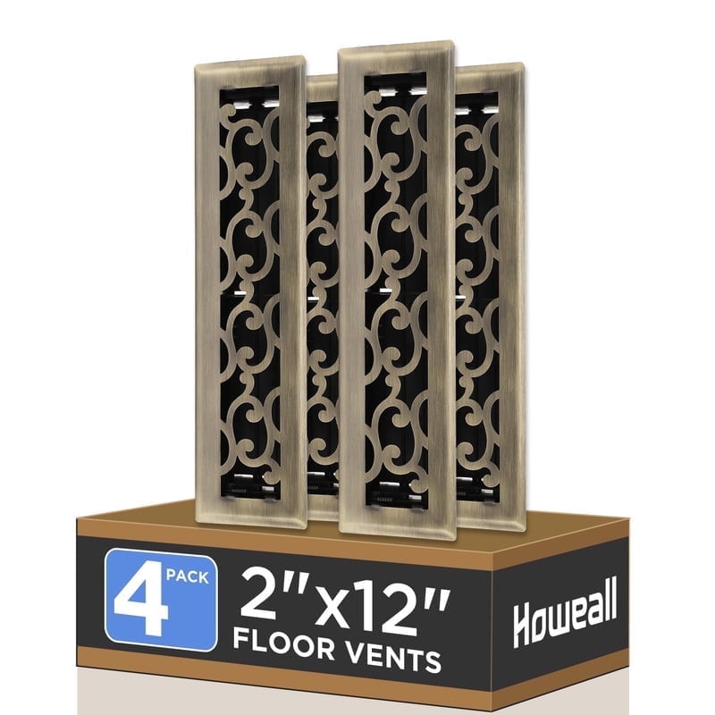 2x12 Inches 4 Pack Heavy Duty Walkable Floor Register - Easy Adjust Air Supply Lever Decorative Floor Vent Covers, Savannah Design Vent Covers for Home - Antique Brass