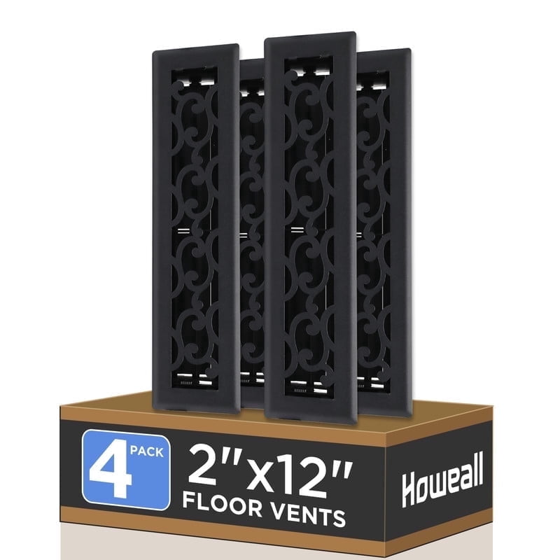 2x12 Inches 4 Pack Heavy Duty Walkable Floor Register - Easy Adjust Air Supply Lever Decorative Floor Vent Covers, Savannah Design Vent Covers for Home - Matte Black