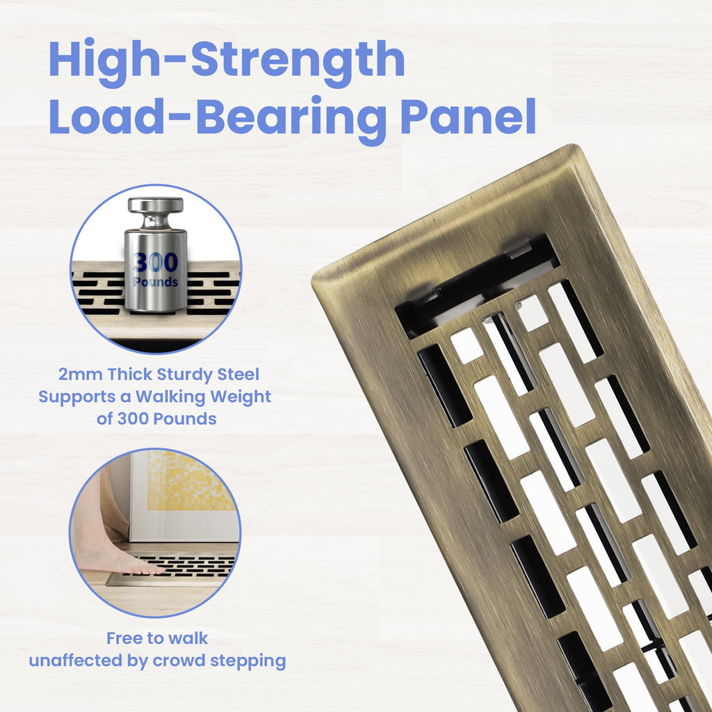 2x10 Inches 4 Pack Heavy Duty Walkable Floor Register - Easy Adjust Air Supply Lever Decorative Floor Vent Covers, Boston Design Vent Covers for Home - Antique Brass