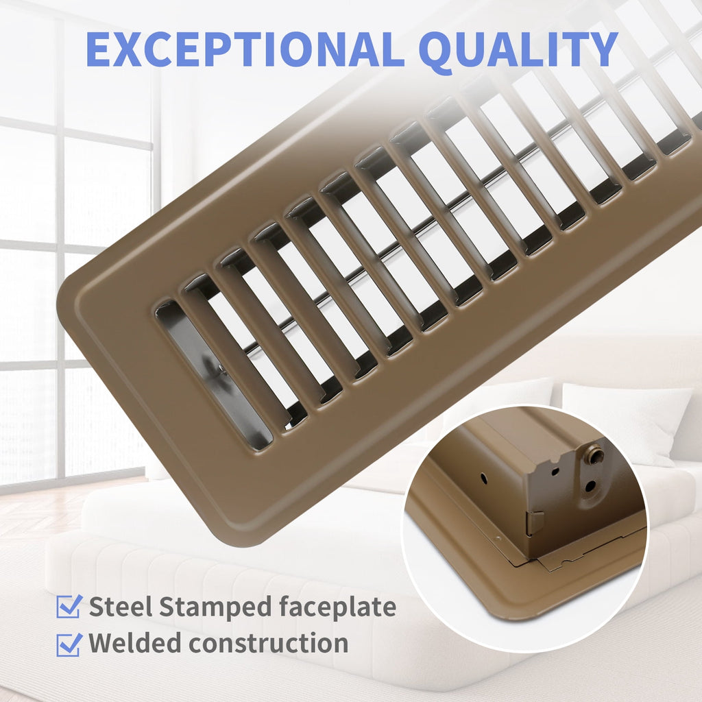 COZZIVITA 2" x 10" Floor Register - Heavy Duty Steel Walkable Floor Vents - Easy Adjust Air Supply Lever - Vent Covers for Home (Brown)