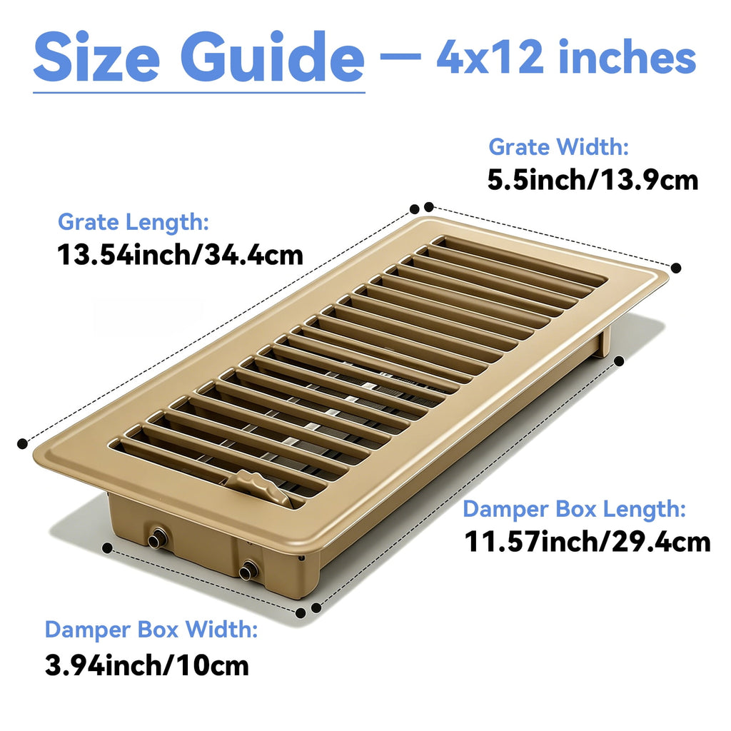 4" x 12" Floor Register 2 Pack - Heavy Duty Steel Walkable Floor Vents - Easy Adjust Air Supply Lever - Vent Covers for Home (Brown)